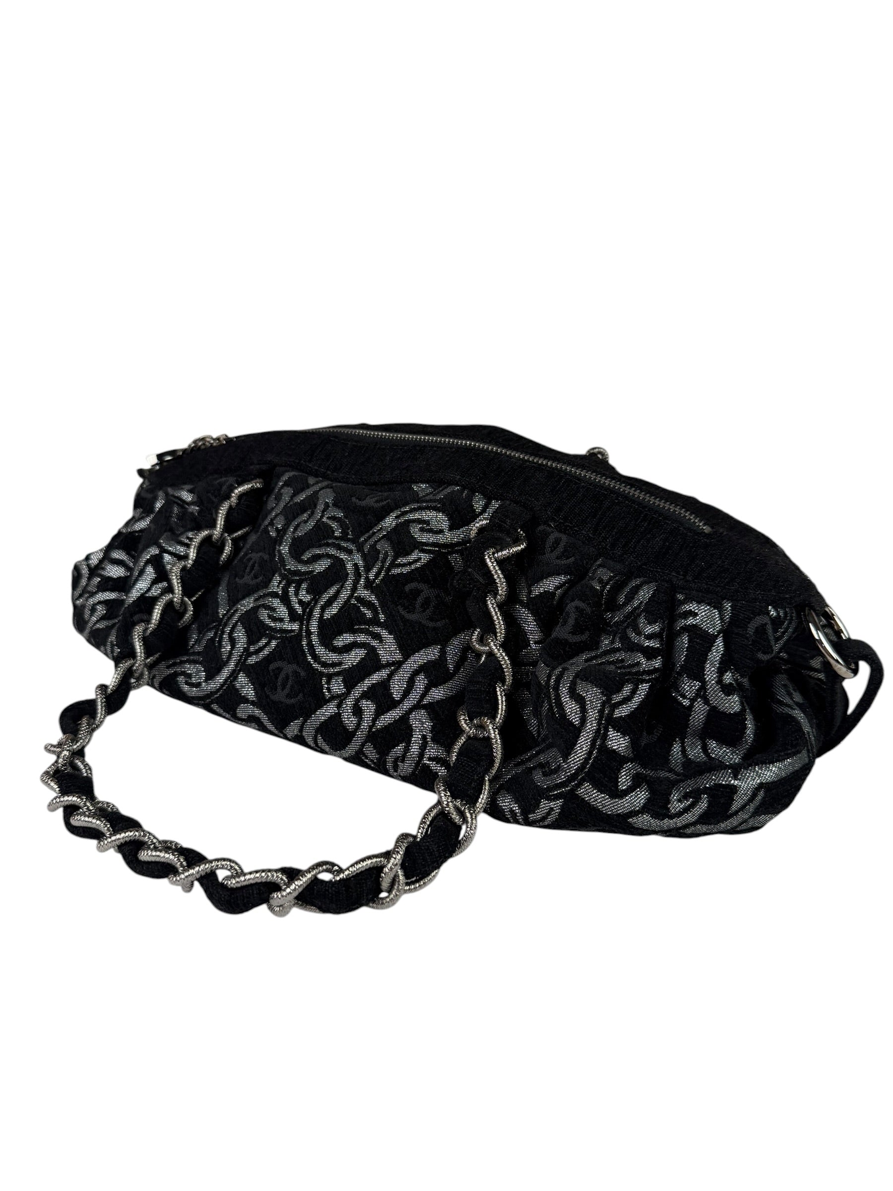 Chanel Black CC Jacquard Chain Silver Metallic Bowler Handbag 2005