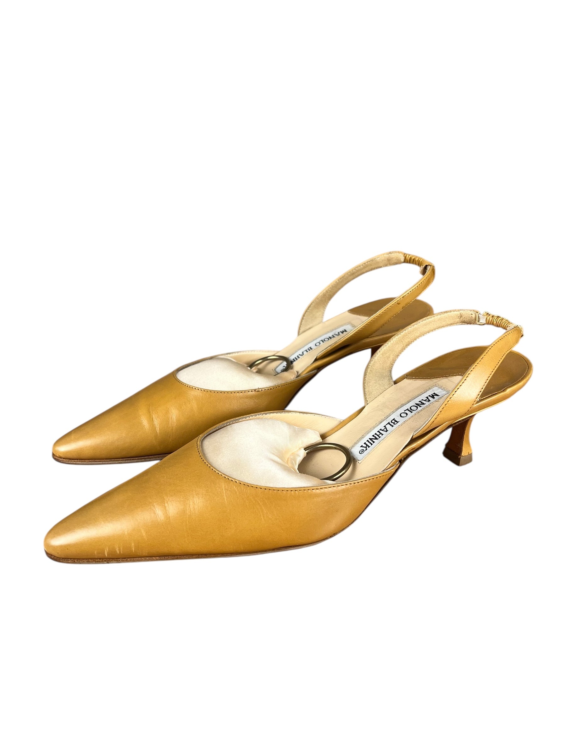 Manolo Blahnik Nude Leather Slingback Kitten Heels