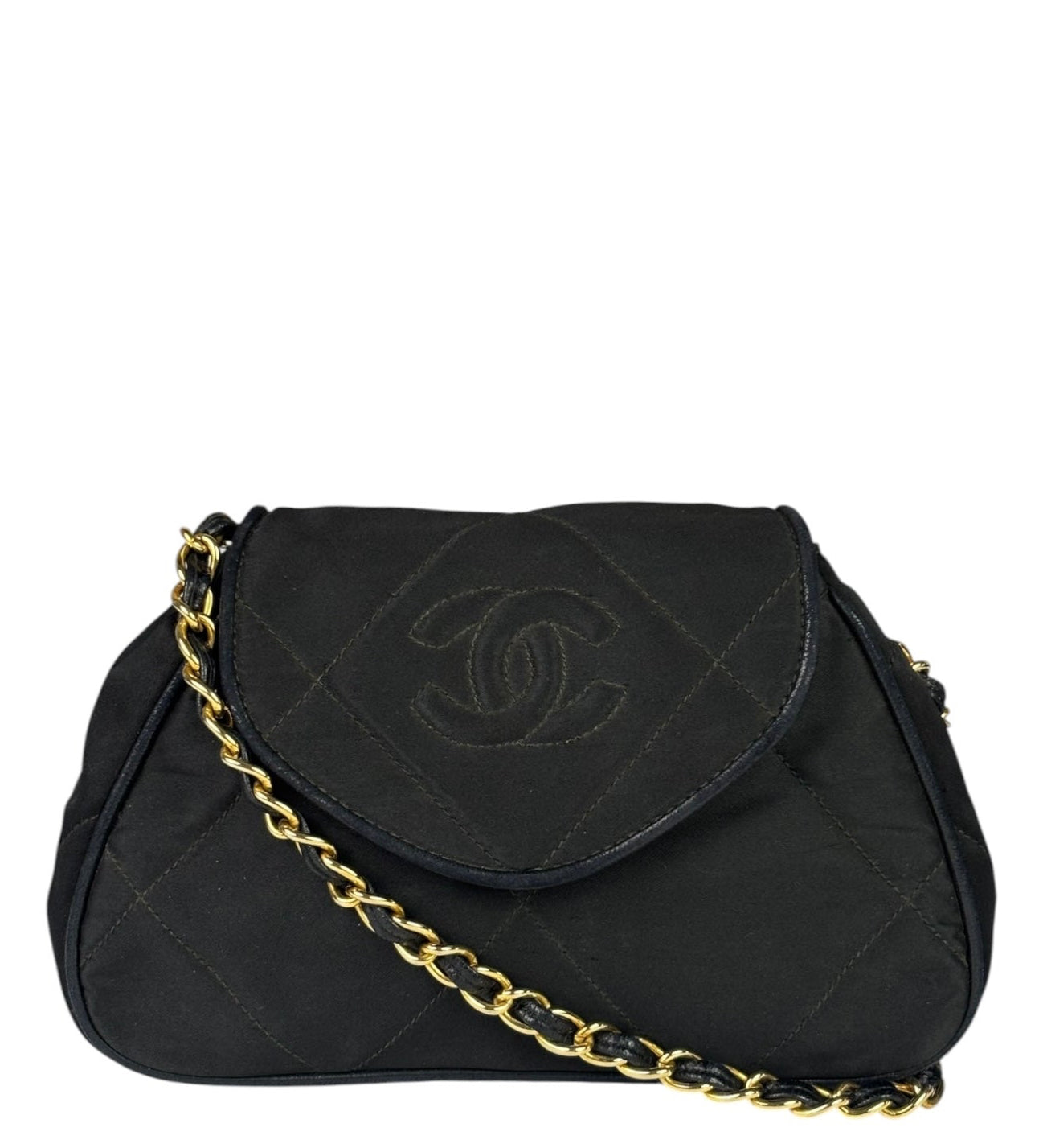 Chanel Black Quilted Satin/Leather Trim Chain Shoulder Bag 1989