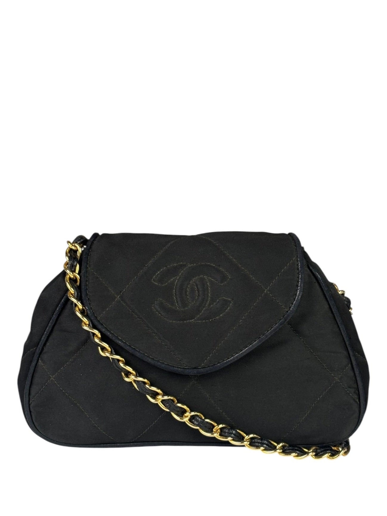 Chanel Black Quilted Satin/Leather Trim Chain Shoulder Bag 1989