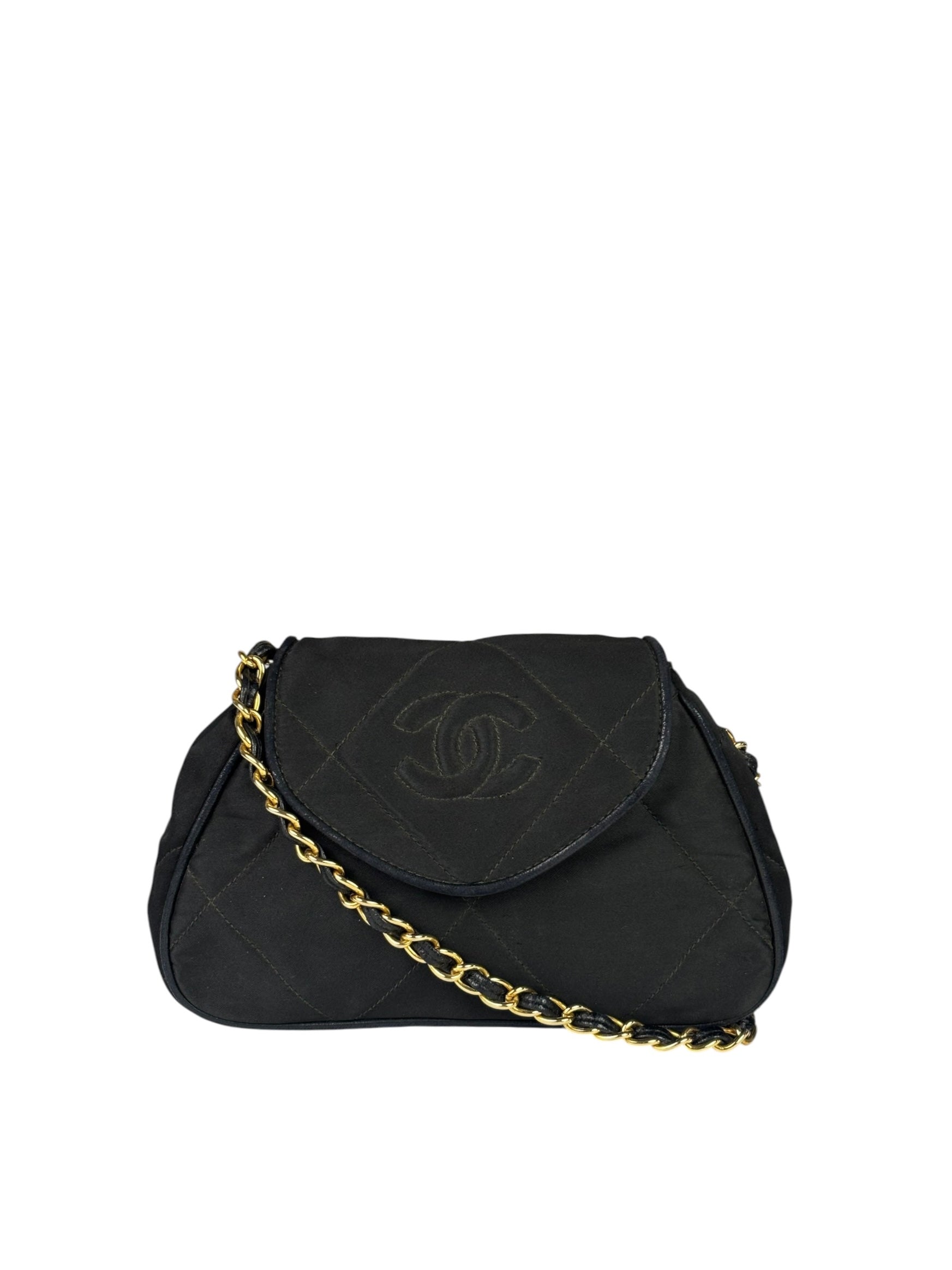 Chanel Black Quilted Satin/Leather Trim Chain Shoulder Bag 1989