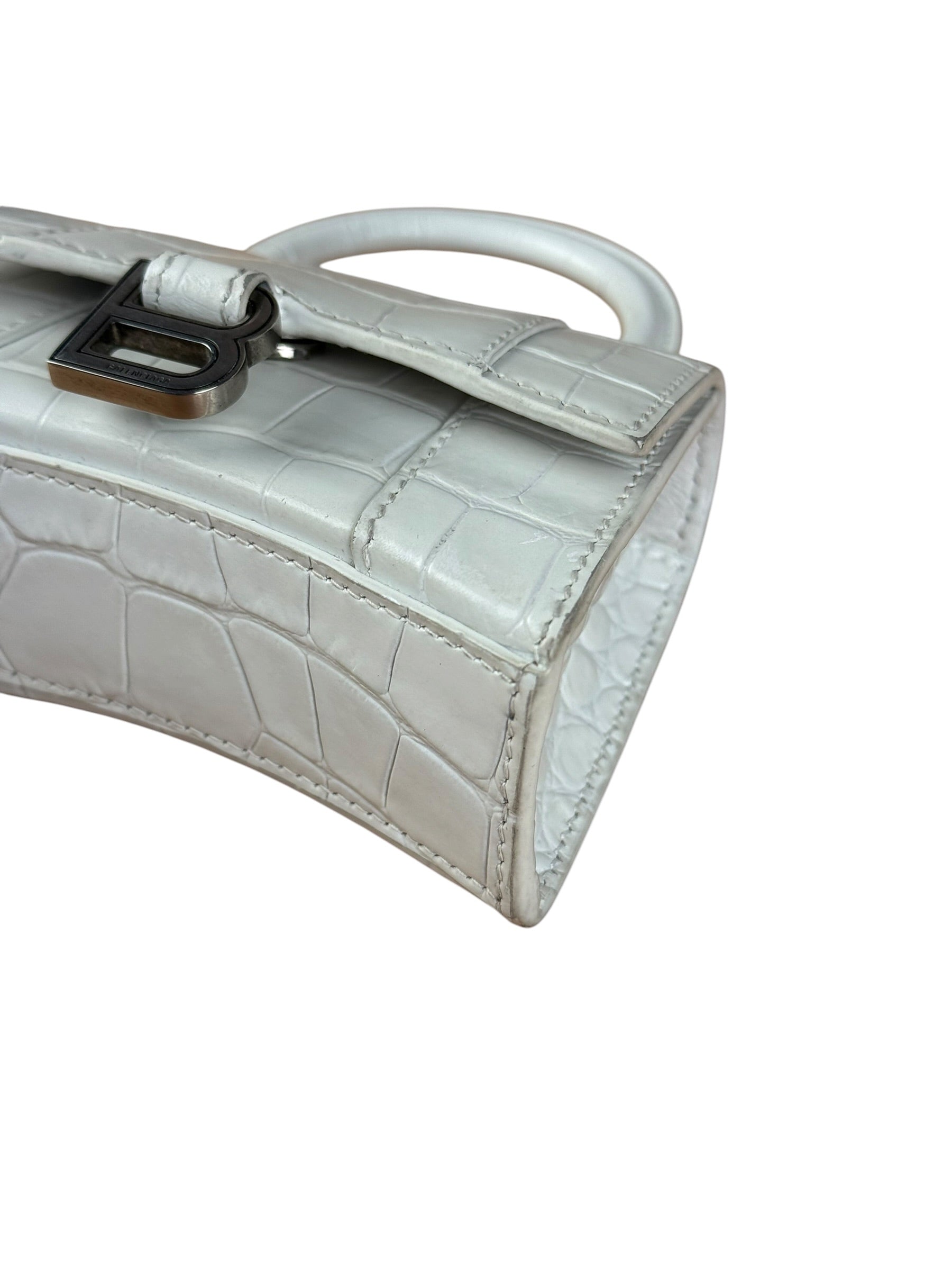 Balenciaga White Croc Embossed Nano Hourglass Bag