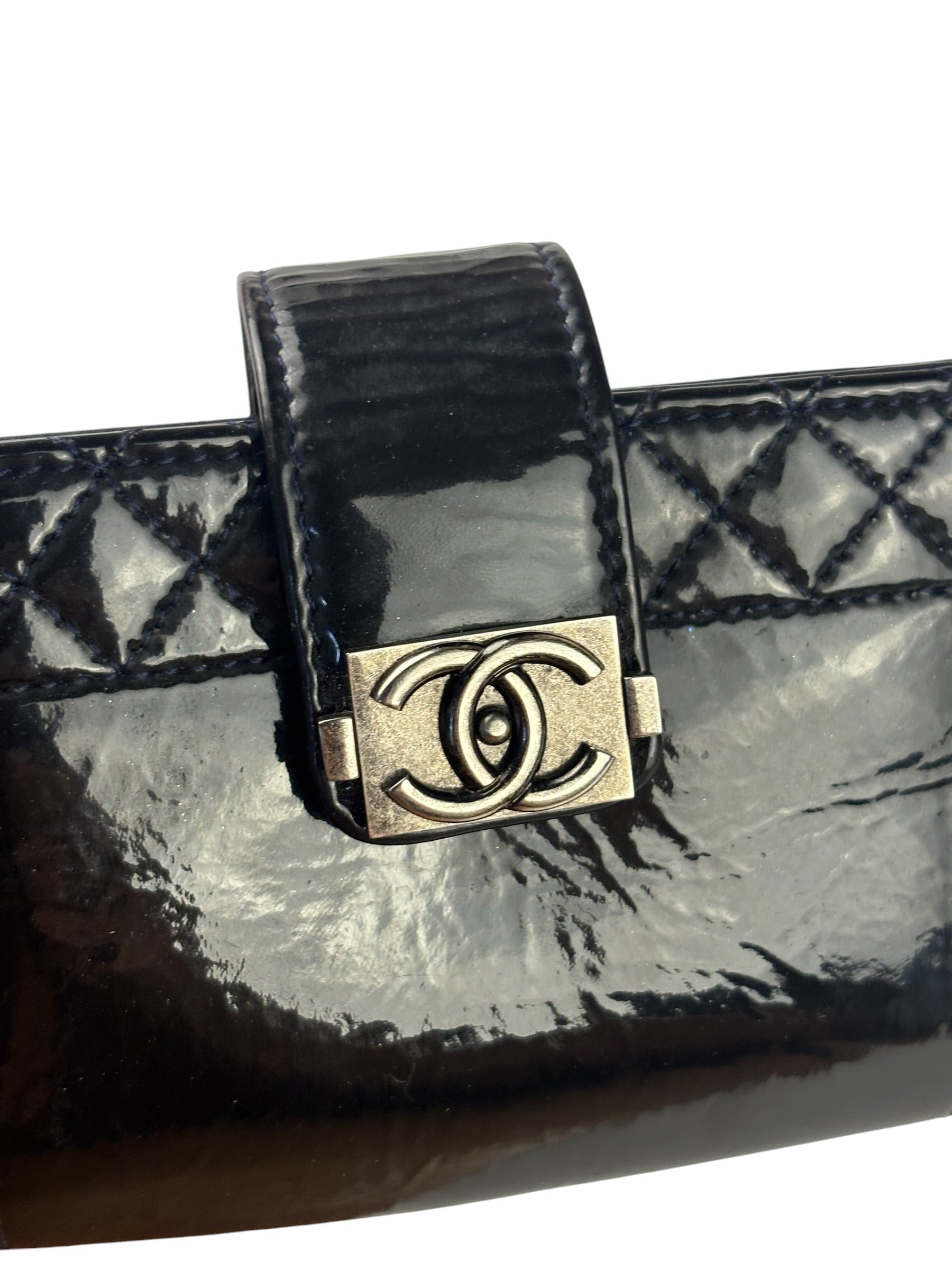Chanel Navy Patent Leather Matelasse Chain Pouch 2013