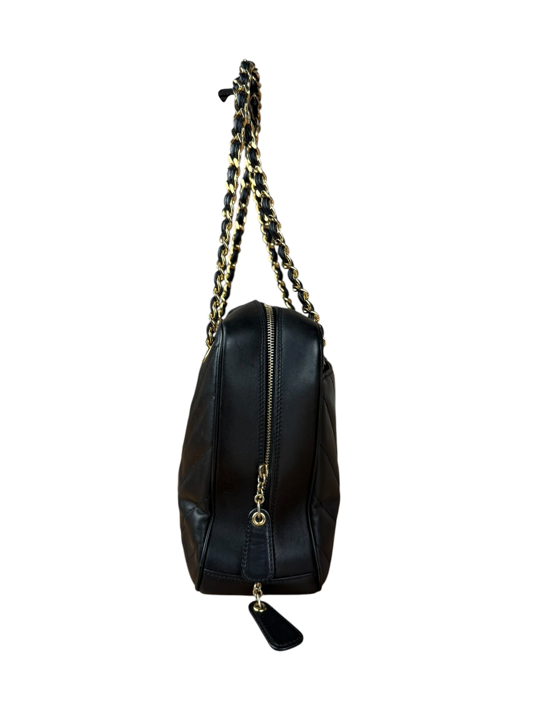 Chanel Black Chevron Leather Chain Camera Shoulder Bag 2000-2002