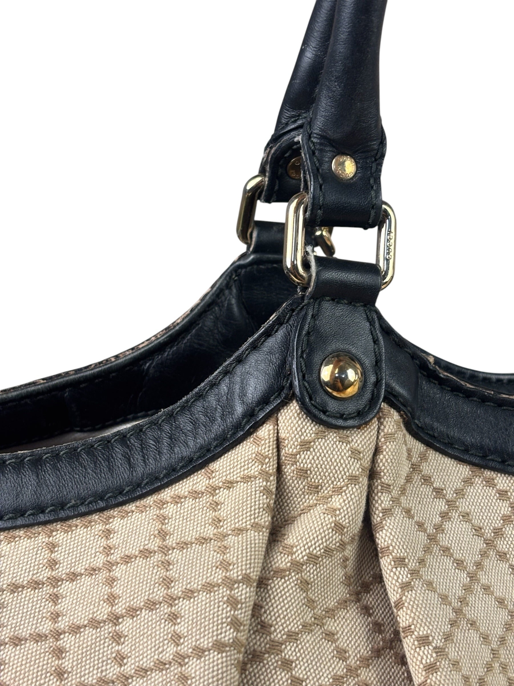 Gucci Beige Leather Trim Diamante Canvas Sukey Tote