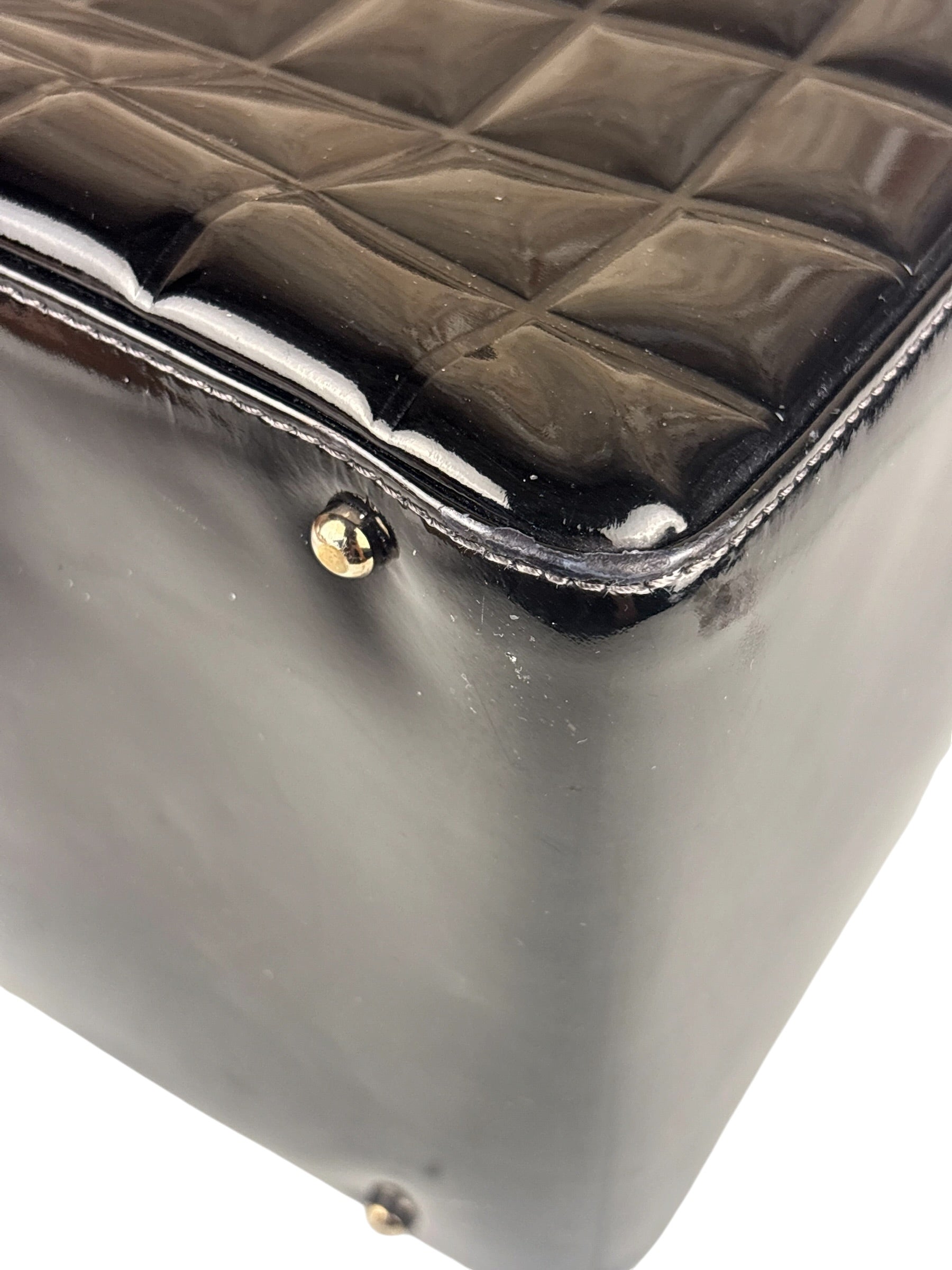 Chanel Black Leather Patent Chocolate Bar Bowler Hand Bag