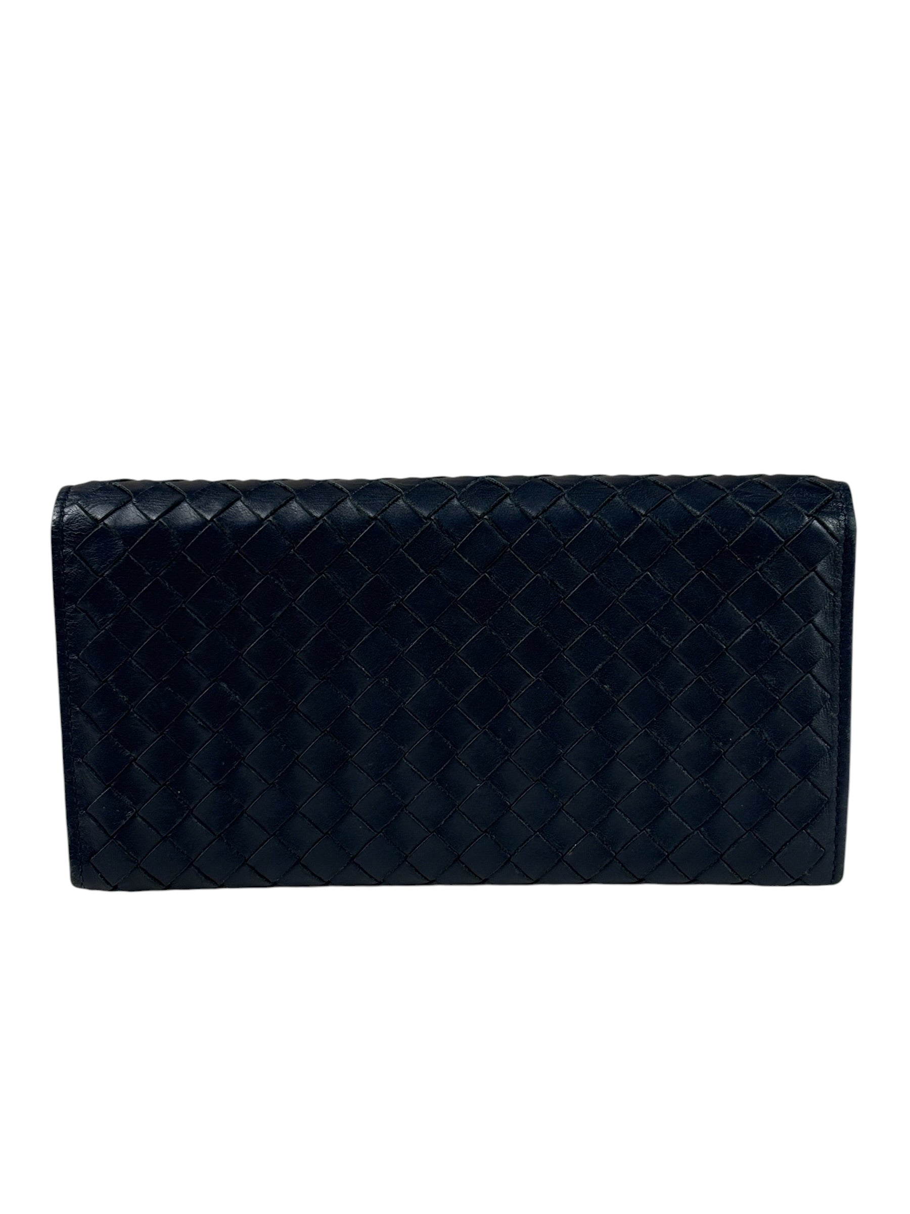Bottega Veneta Navy Intrecciato Bi-Fold Flap Long Wallet
