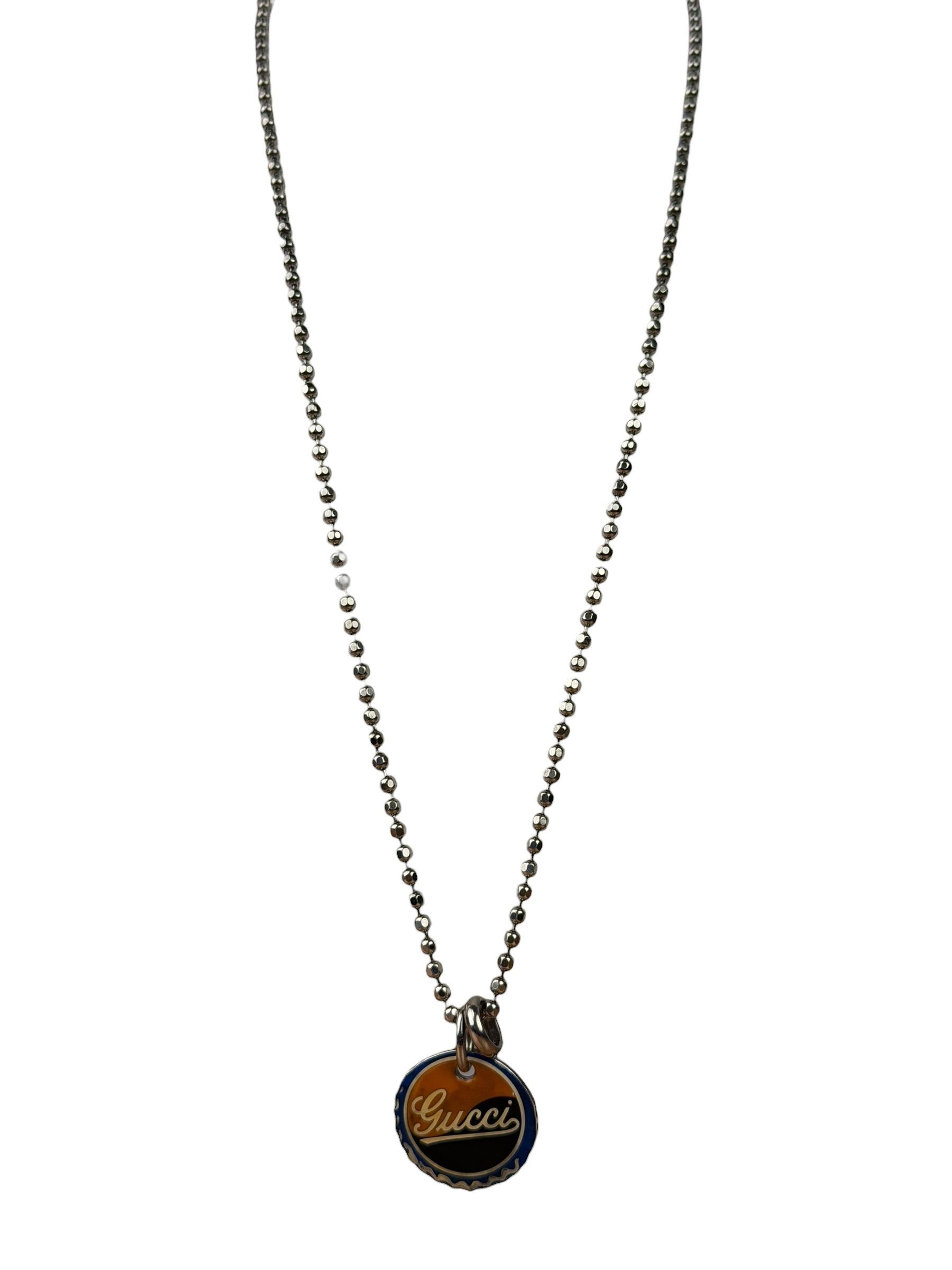 Gucci Sterling Silver Bottle-Cap-Style Enamel Logo Pendant Necklace