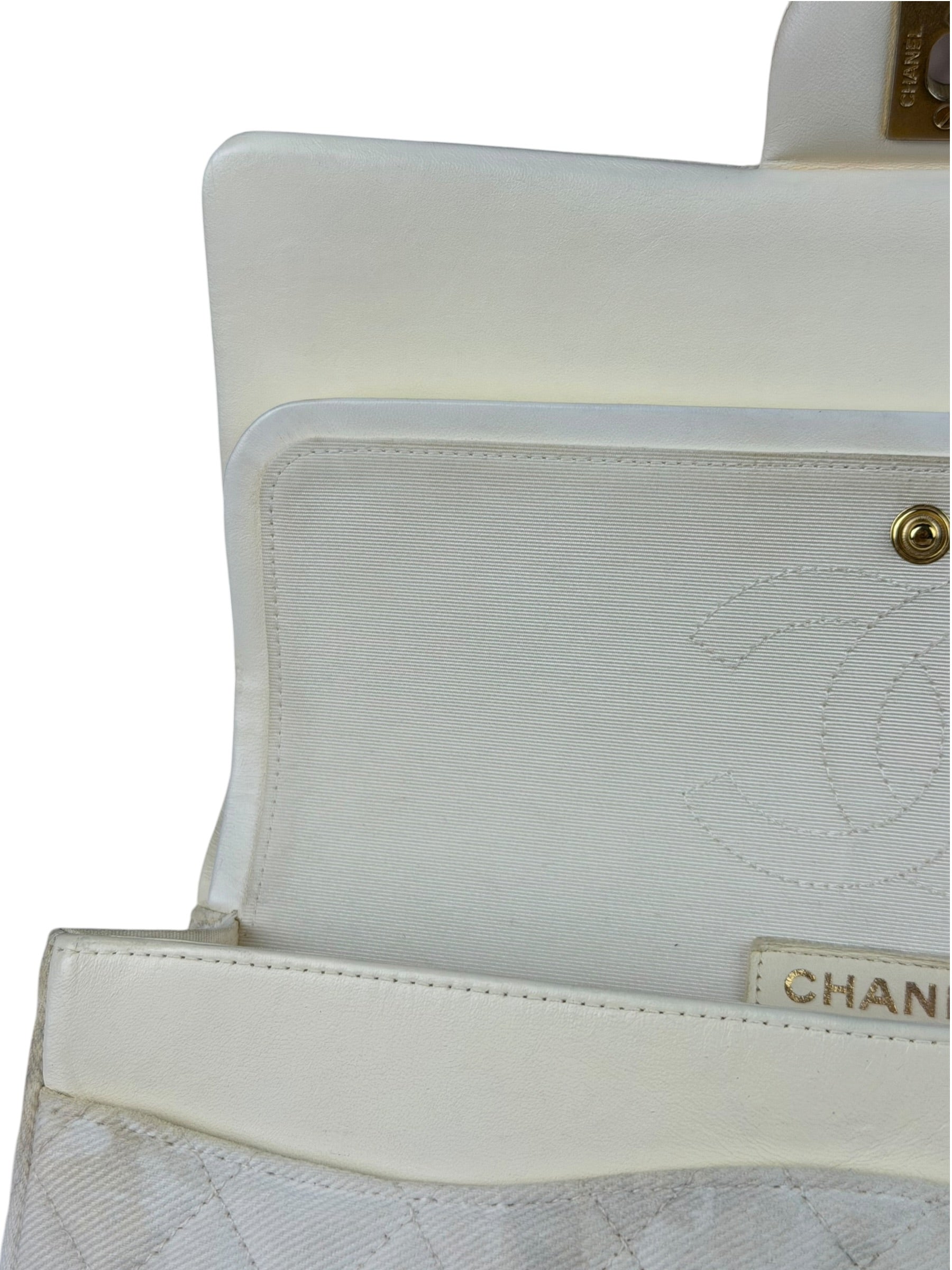 Chanel White Denim/Leather Trim Greek Collection Flower Double Flap Bag 2018