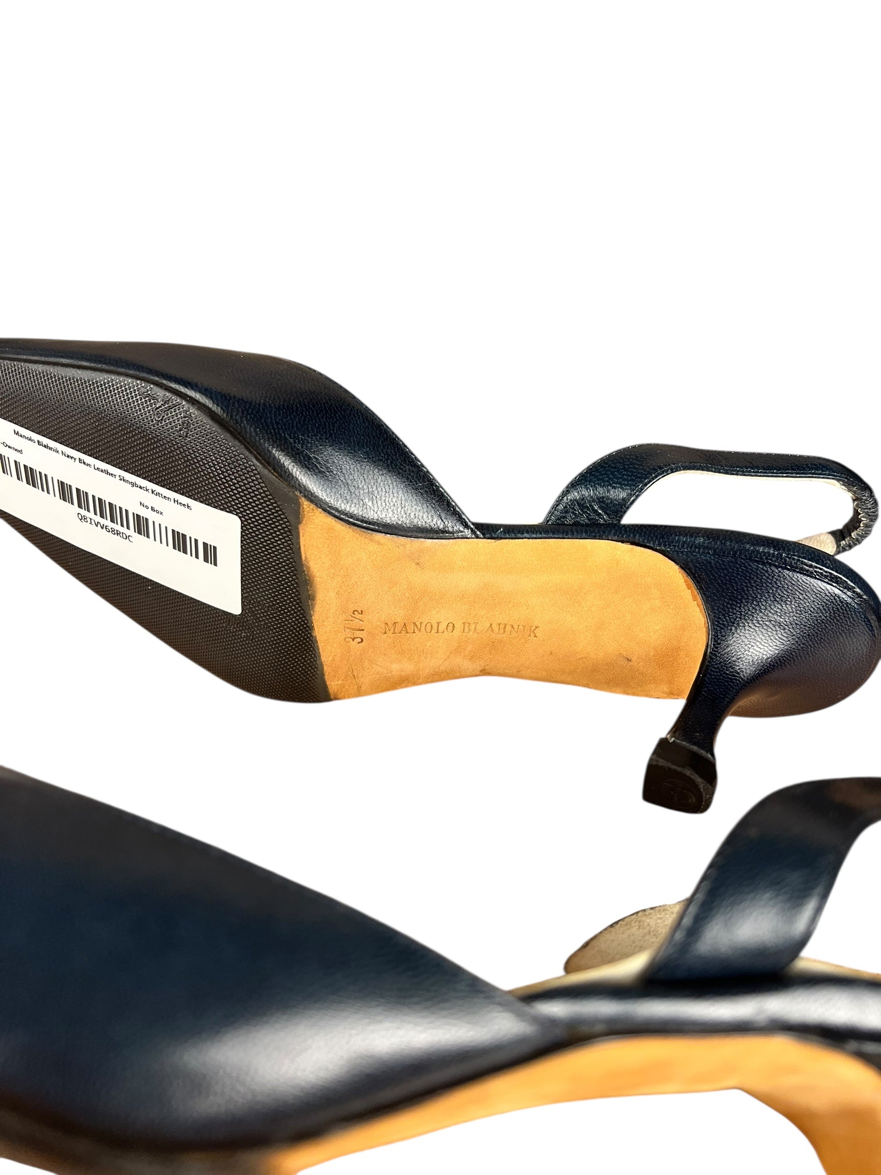 Manolo Blahnik Navy Blue Leather Slingback Kitten Heels