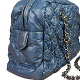 Chanel Blue Leather Trim/Nylon Tweed Stitch Puffer Chain Shoulder Bag 2010