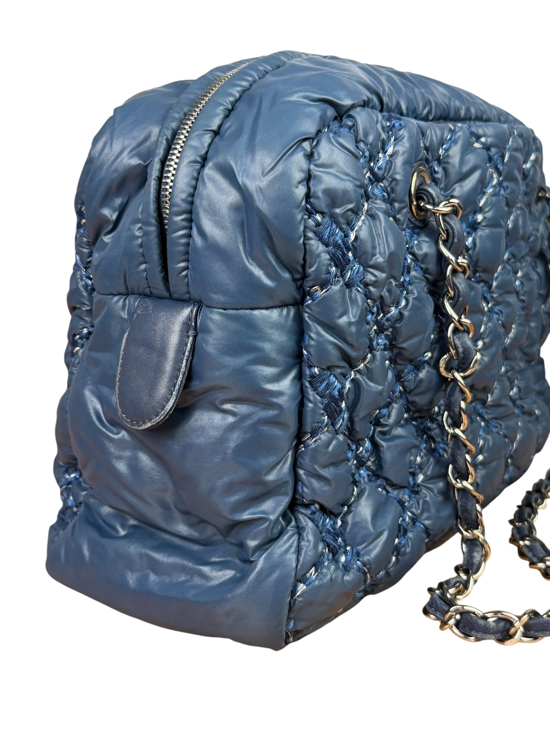 Chanel Blue Leather Trim/Nylon Tweed Stitch Puffer Chain Shoulder Bag 2010