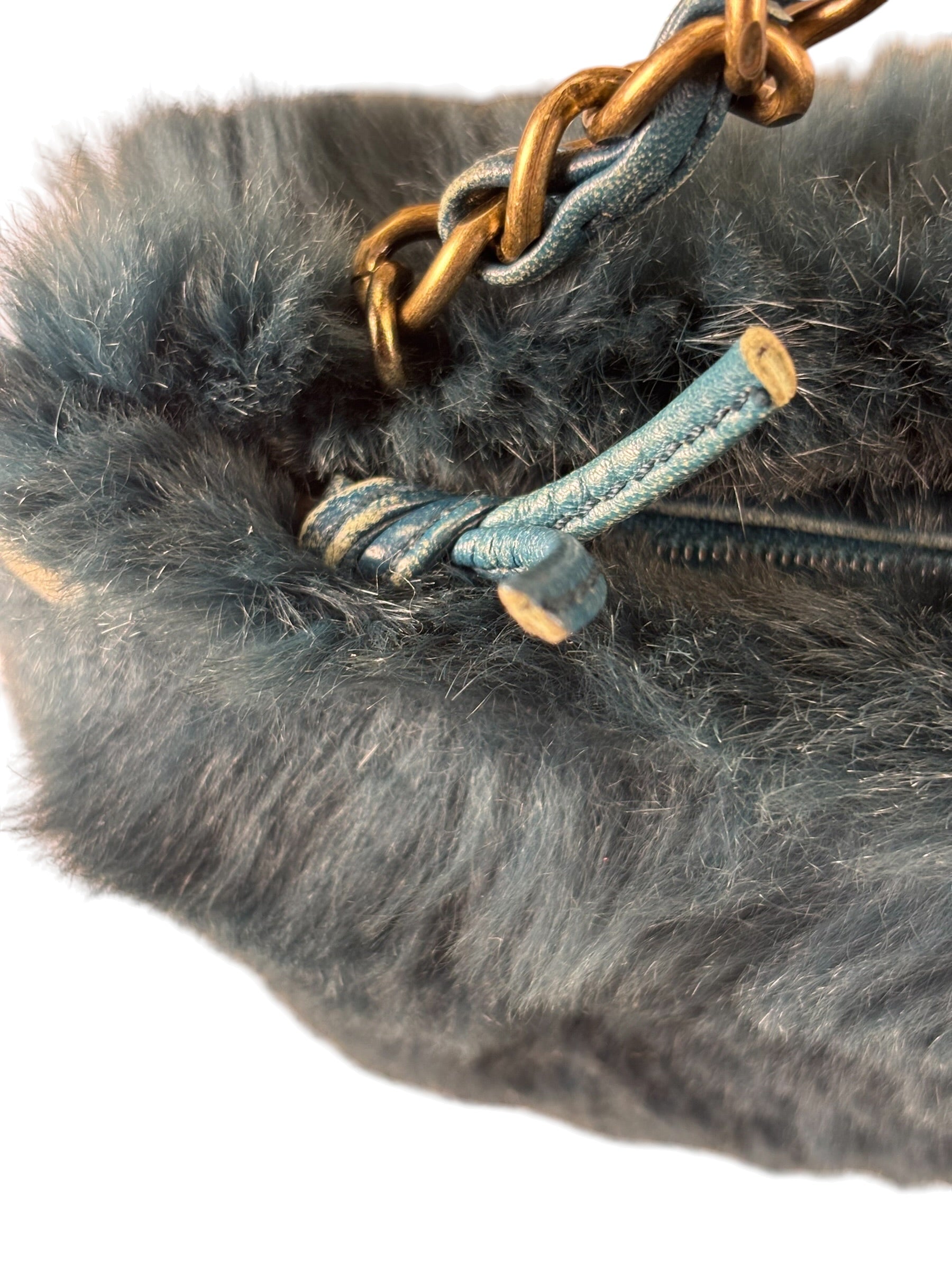 Chanel Dark Green Rabbit Fur/Leather Trim Shoulder Bag 2000