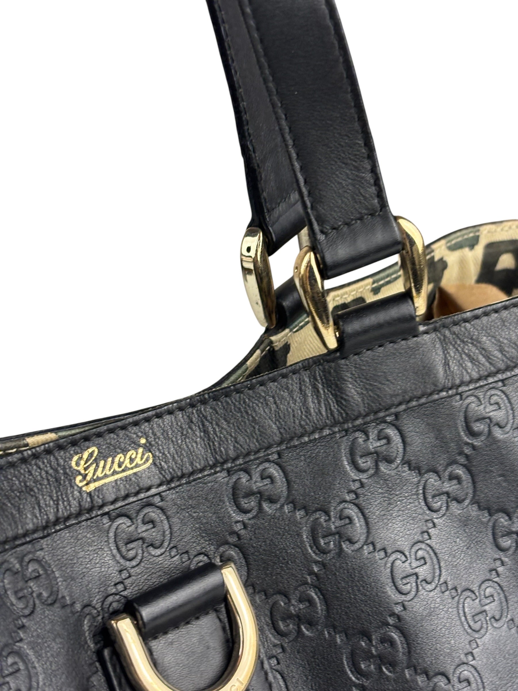 Gucci Black Leather GG Supreme D-Ring Abbey Tote