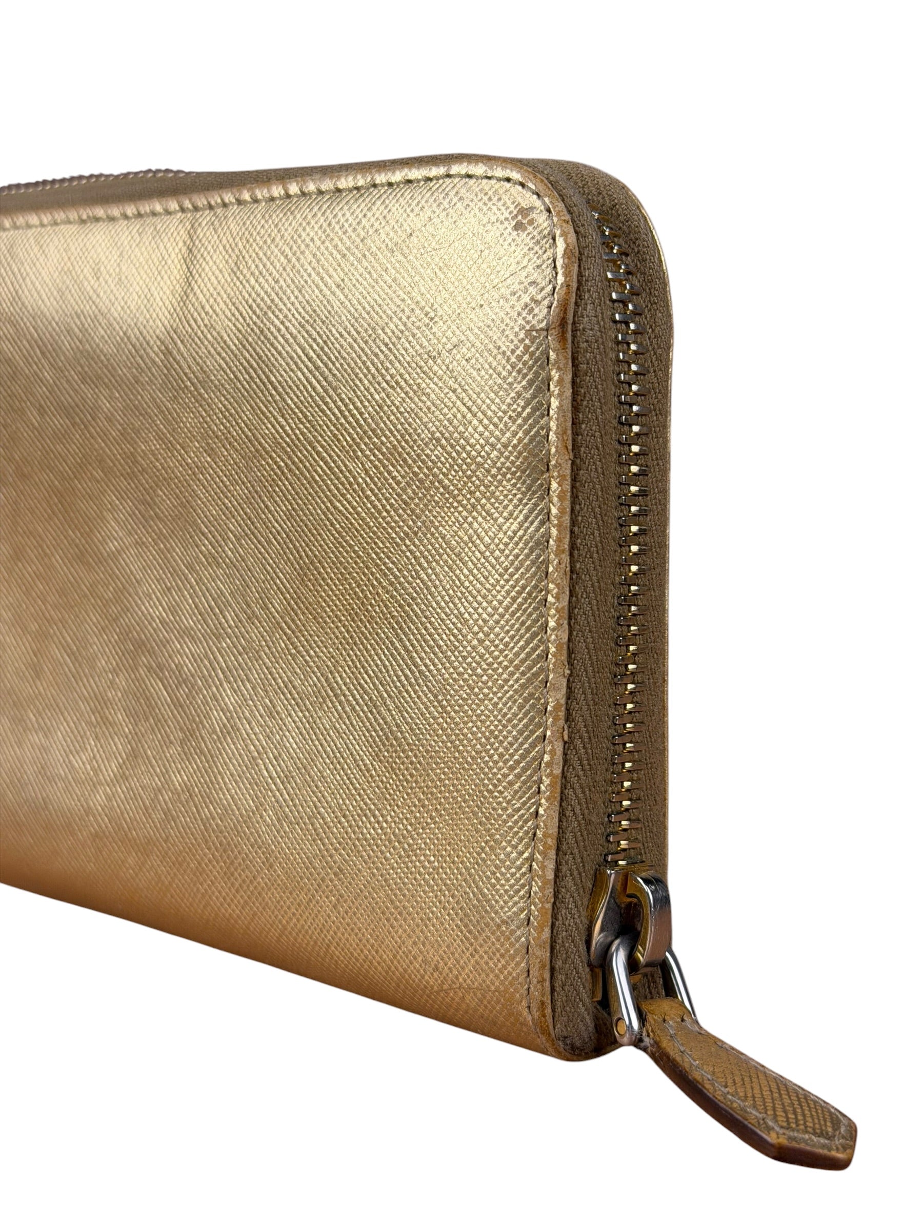Prada Metallic Gold Saffiano Leather Zip-Around Wallet