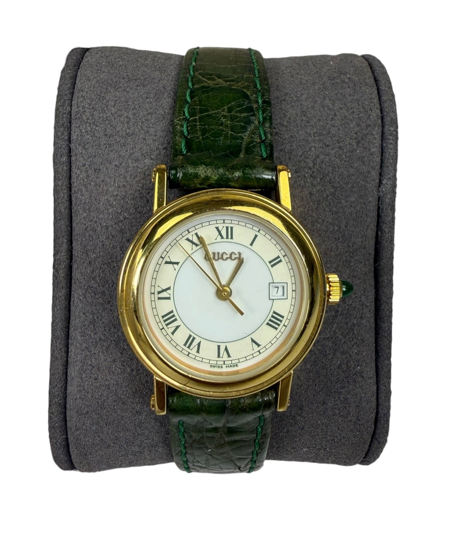 Gucci 7200L White Roman Dial Green Croc Strap