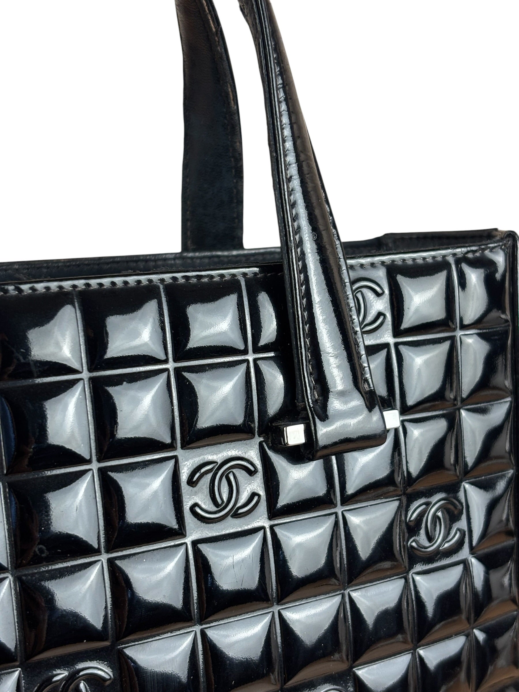 Chanel Vintage Black Patent Leather Chocolate Bar Pyramidal Tote Bag 2002