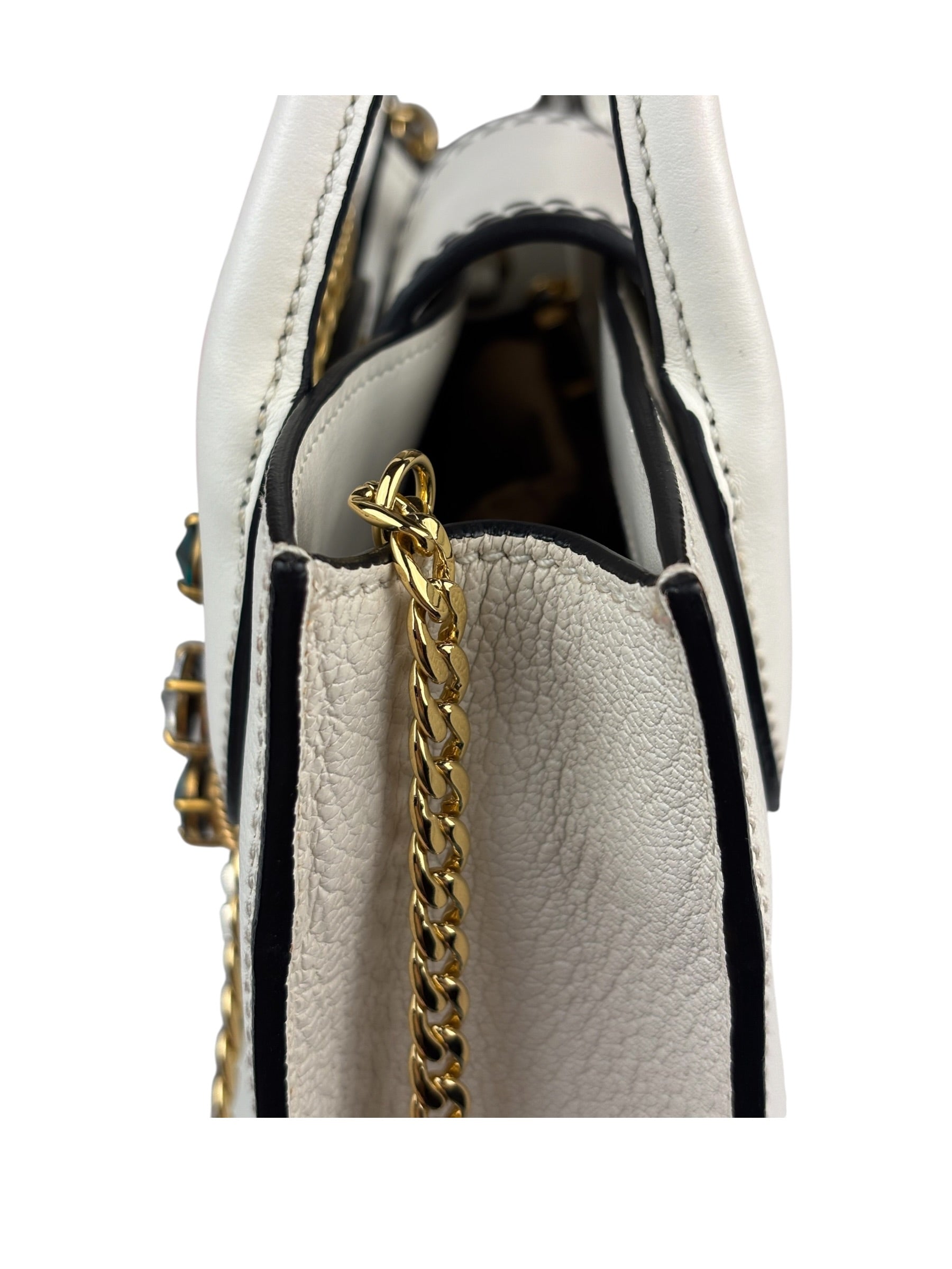 Miu Miu White Madras Ornate Crystal Jeweled Buckle Two-Way Bag