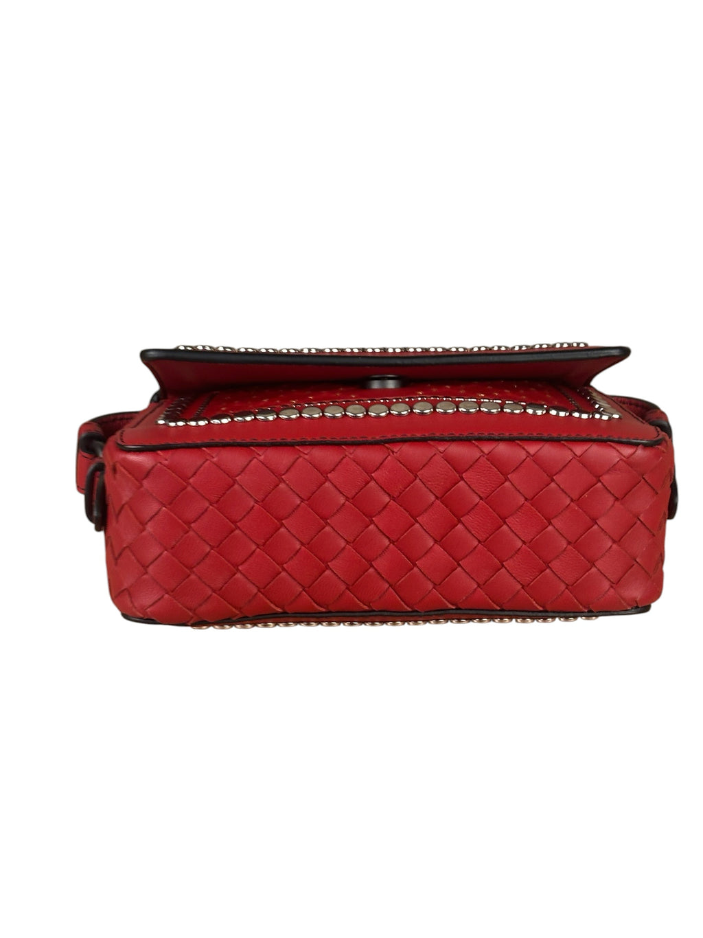 Bottega Veneta Red Leather Studded Intrecciato Flap Crossbody Bag
