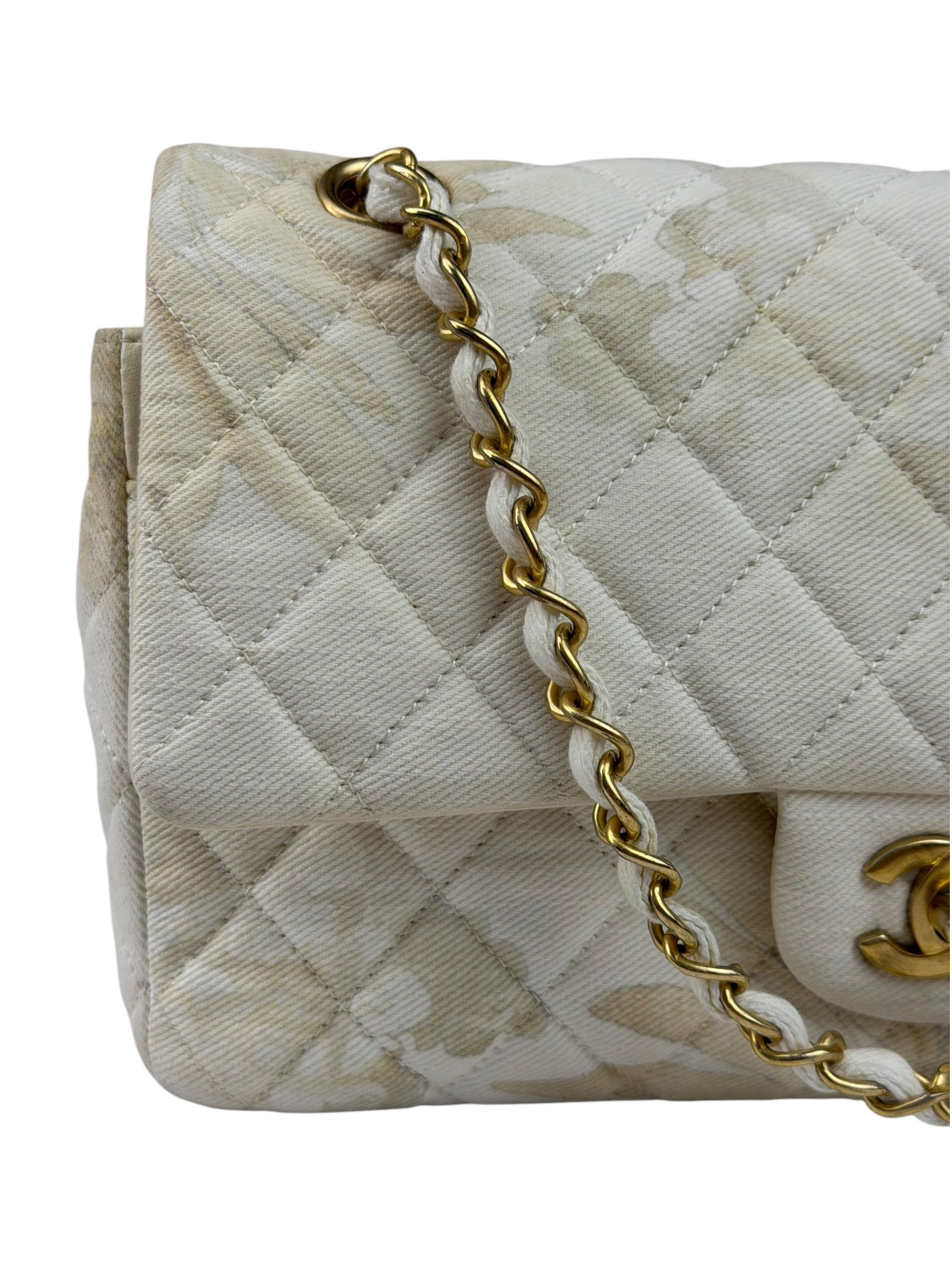 Chanel White Denim/Leather Trim Greek Collection Flower Double Flap Bag 2018
