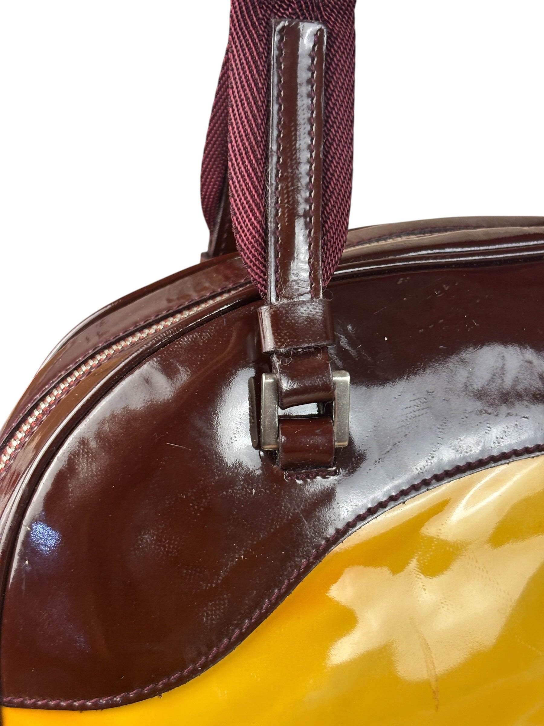 Prada Vintage Yellow/Burgundy Patent Leather Bowler Shoulder Bag