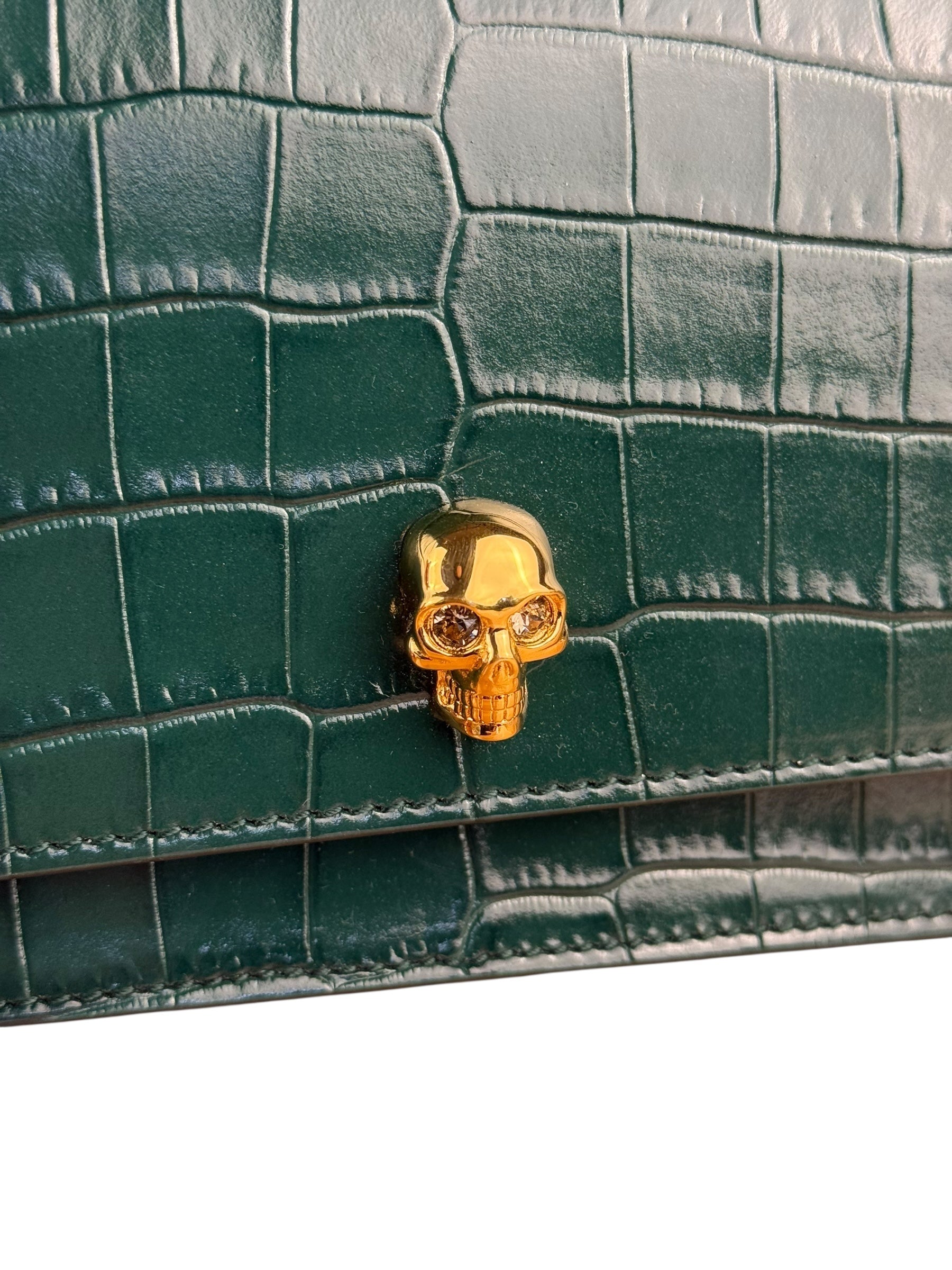 Alexander McQueen Green Croc Embossed Skull Bag