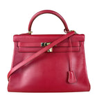 Hermes Kelly 32 Courchevel Rouge Vif Gold Handbag 1997
