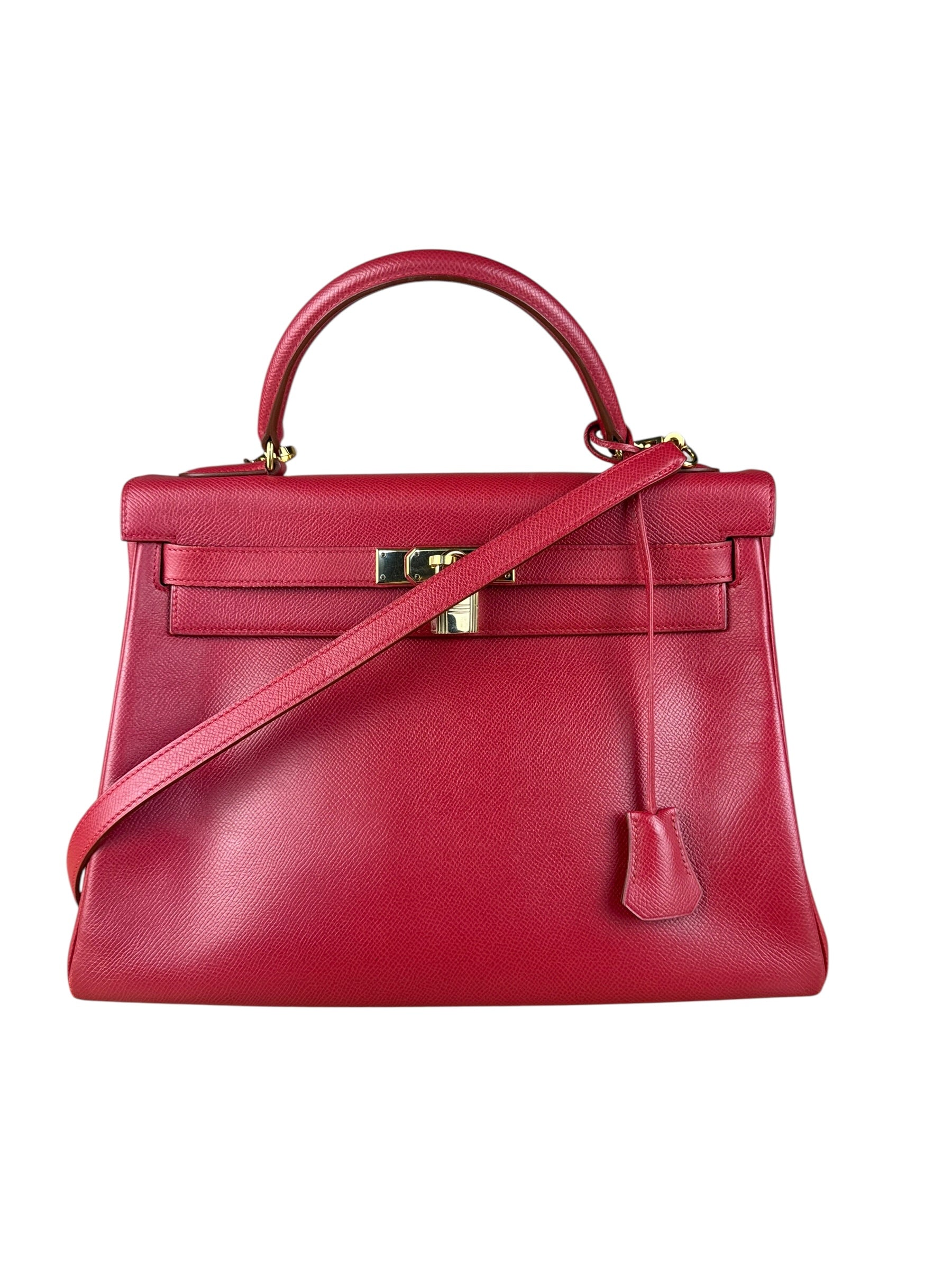 Hermes Kelly 32 Courchevel Rouge Vif Gold Handbag 1997