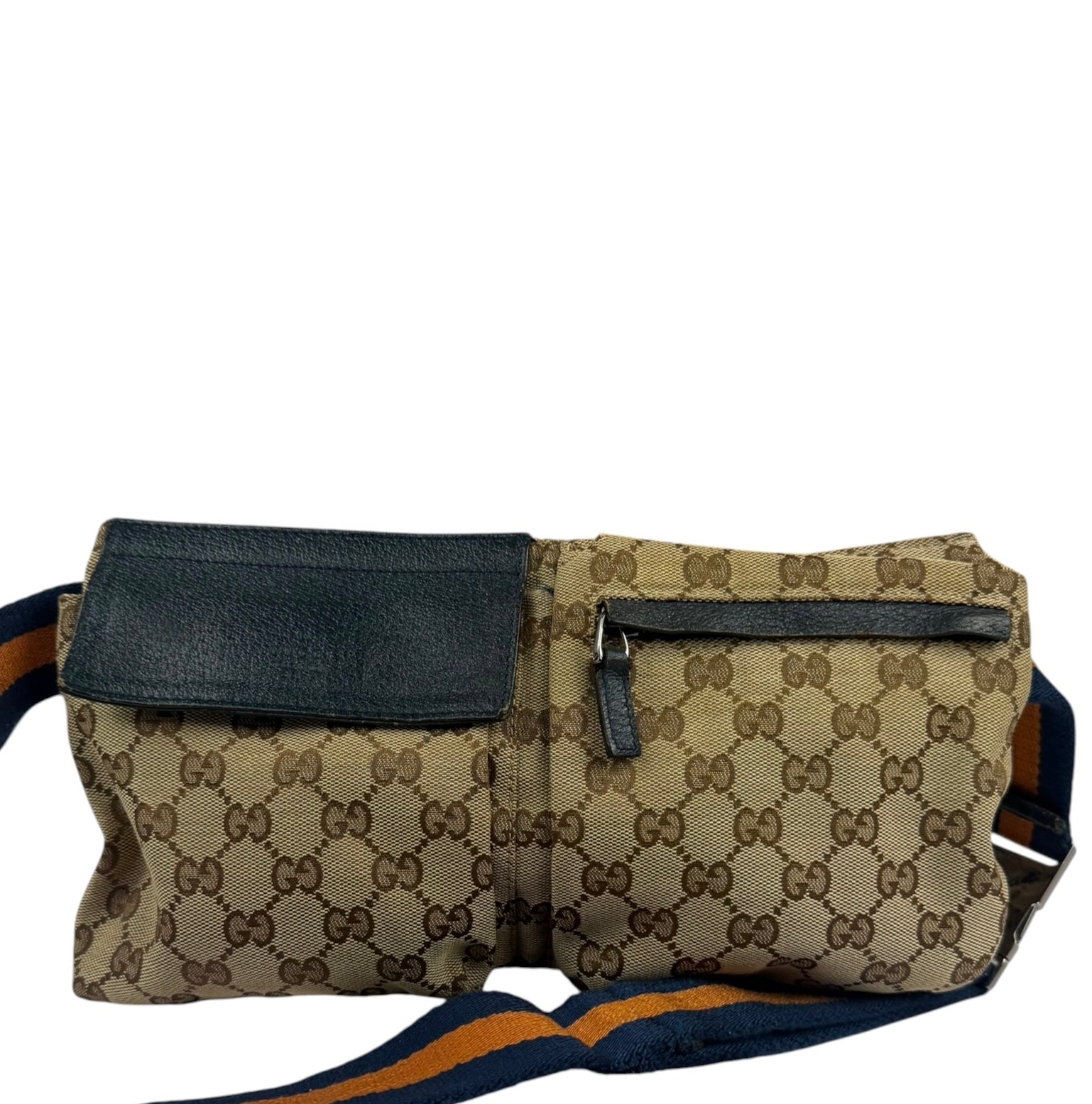 Gucci Beige/Navy Leather Trim GG Belt Bag
