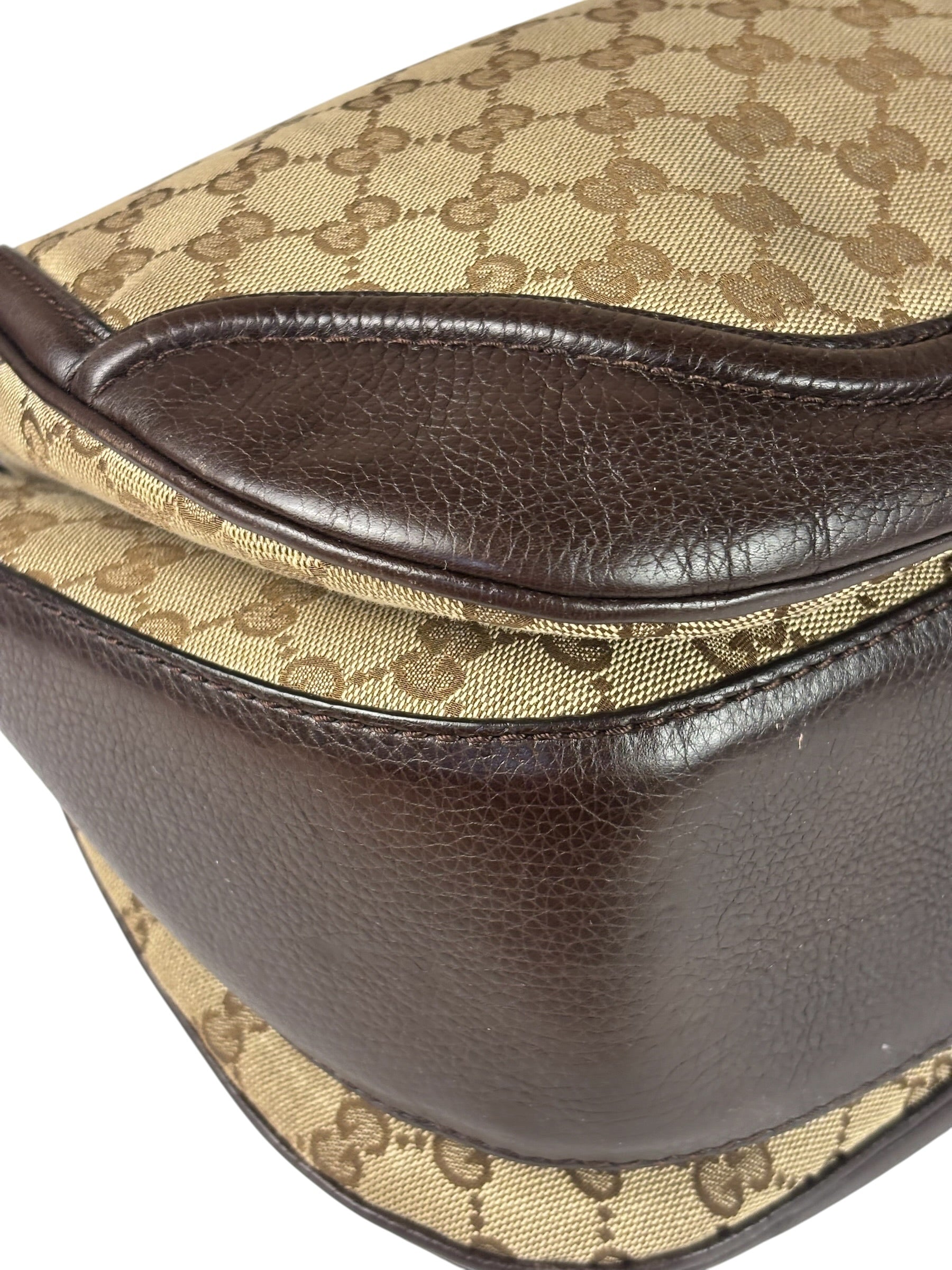Gucci Brown Leather Trim GG Bamboo Handle Two-Way Bag