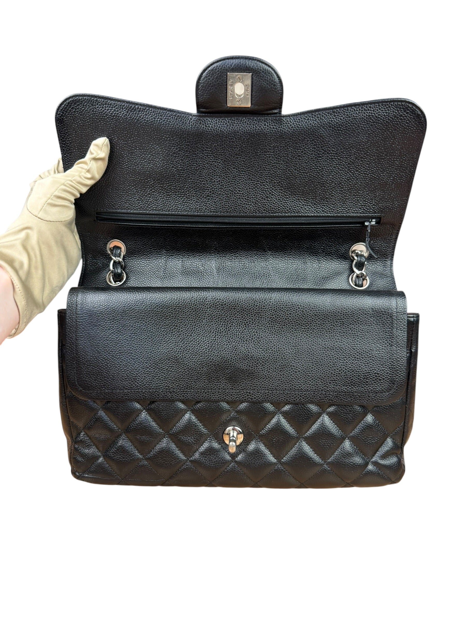 Chanel Black Caviar Quilted Leather Classic Jumbo Double Flap Bag 2011