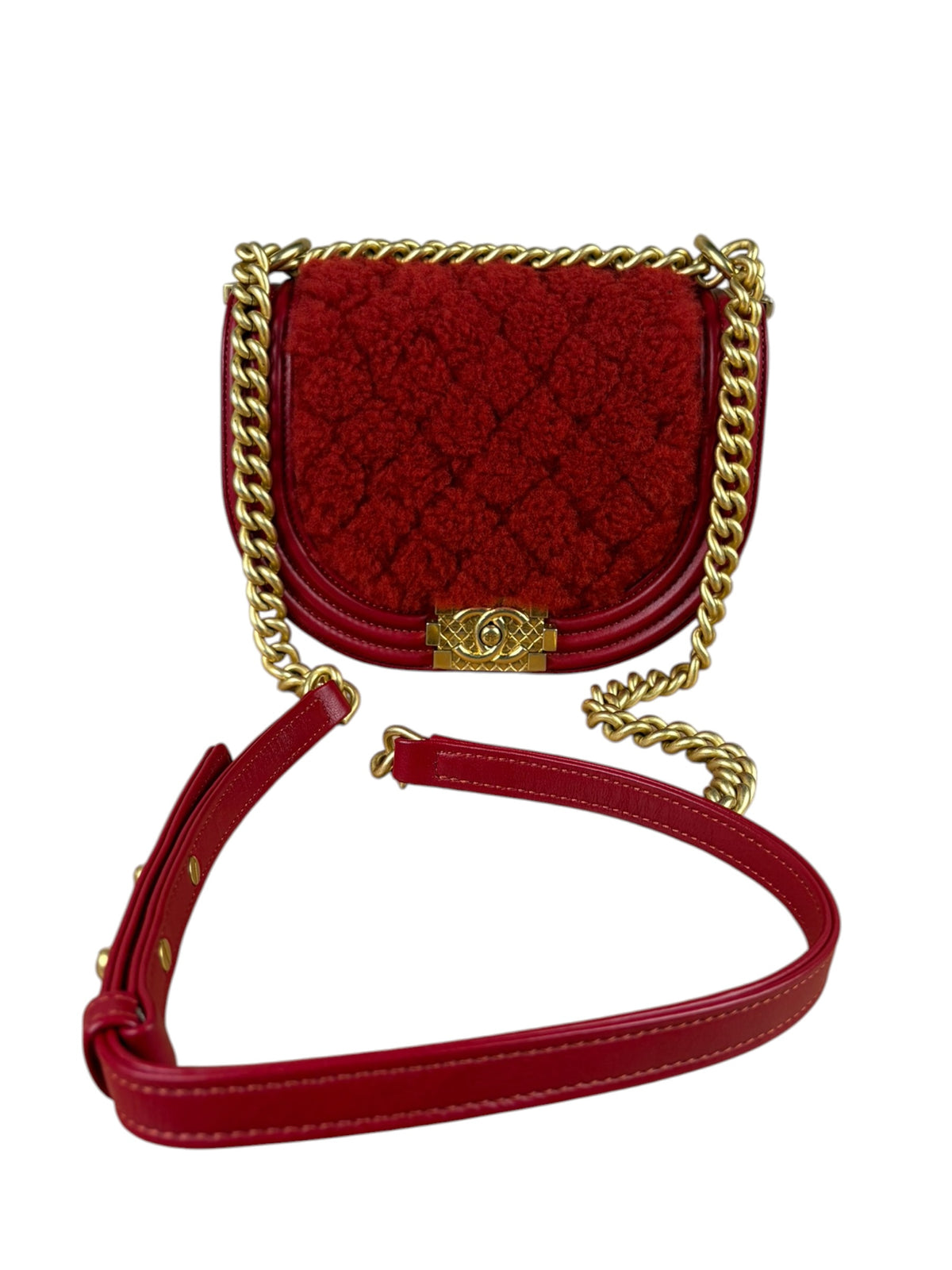 Chanel Red Leather Trim/Quilted Wool Boy Curved Small Messenger Bag Early 20s