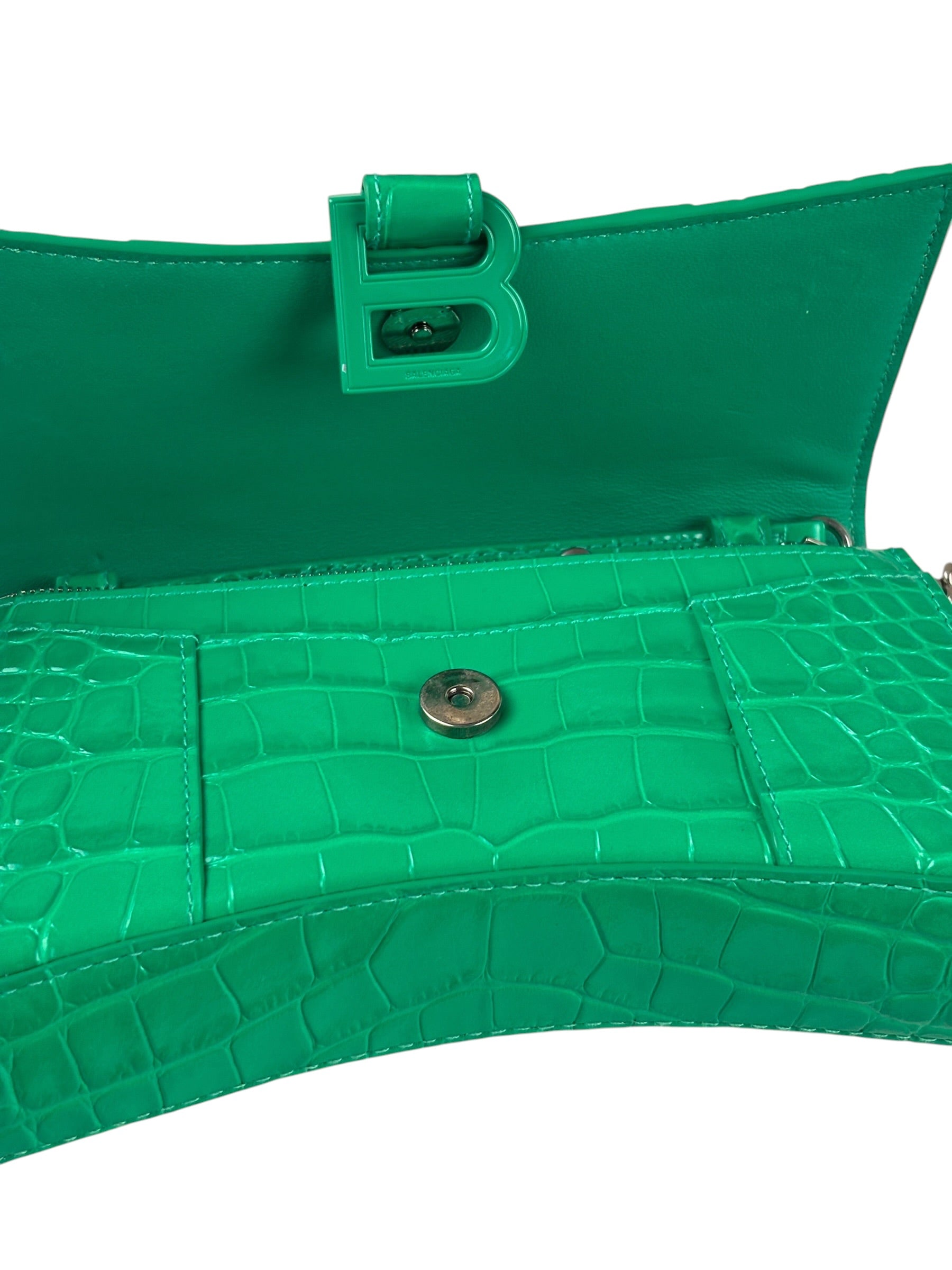 Balenciaga Green Crocodile Embossed Hourglass Wallet On Chain