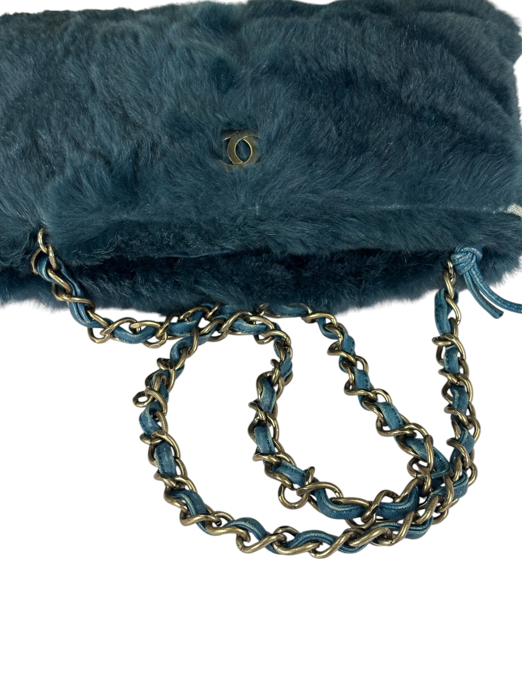 Chanel Dark Green Rabbit Fur/Leather Trim Shoulder Bag 2000