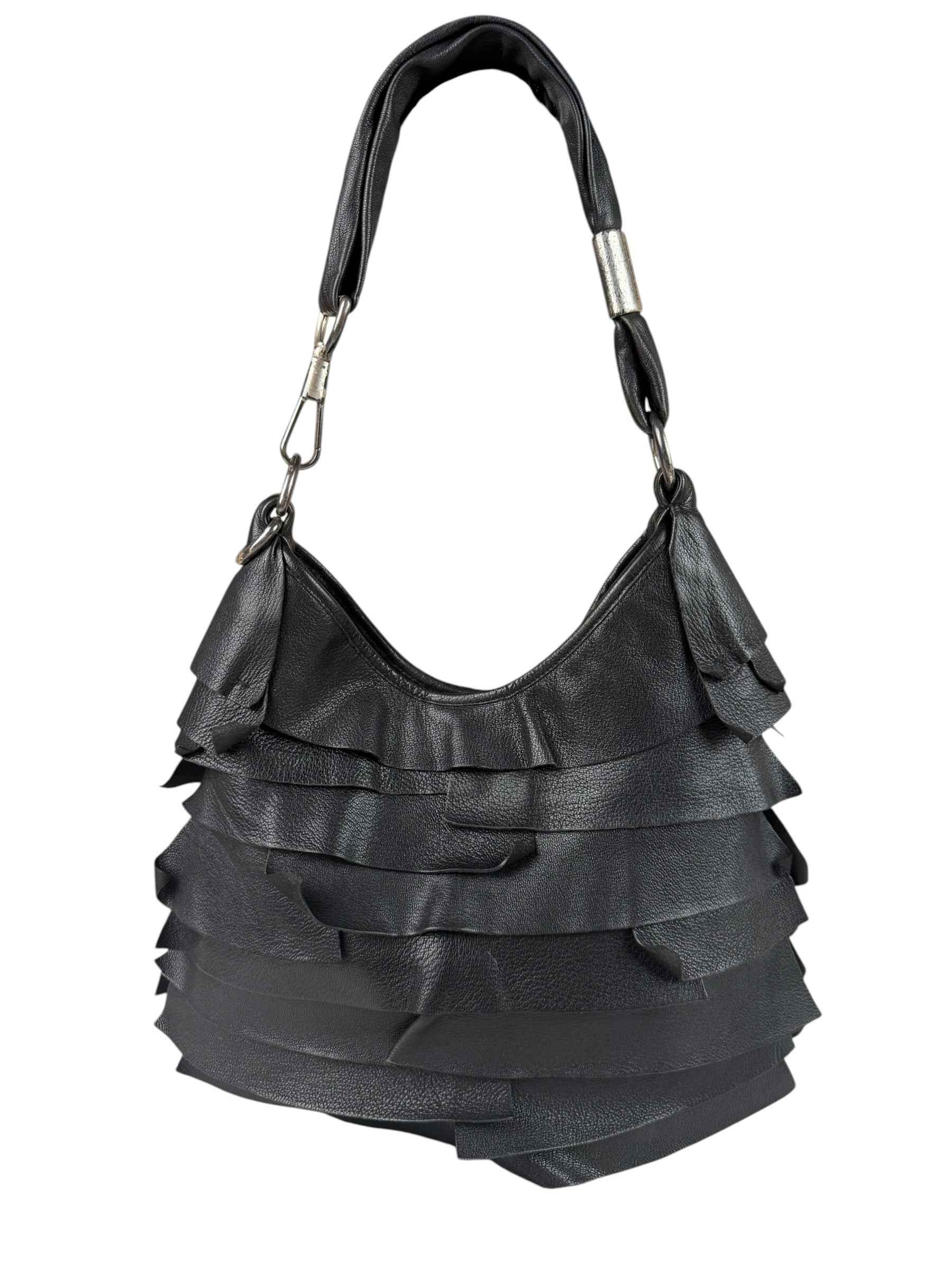Yves Saint Laurent Black Leather St. Tropez Ruffled Hobo Bag