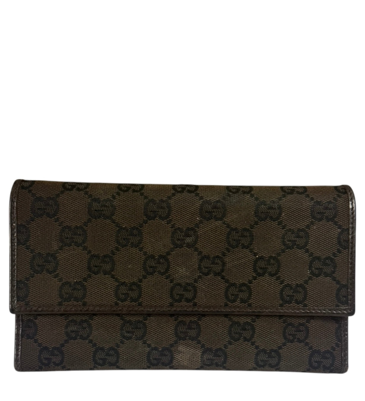 Gucci Brown Leather Trim GG TriFold Long Wallet