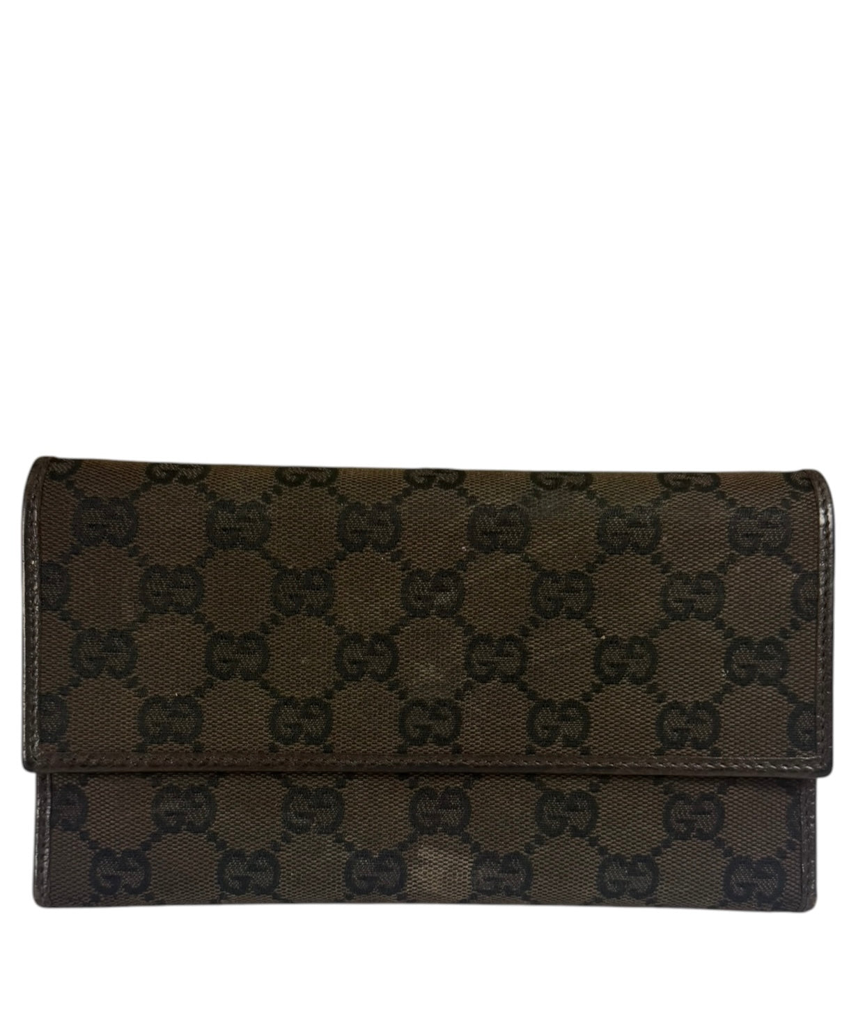 Gucci Brown Leather Trim GG TriFold Long Wallet