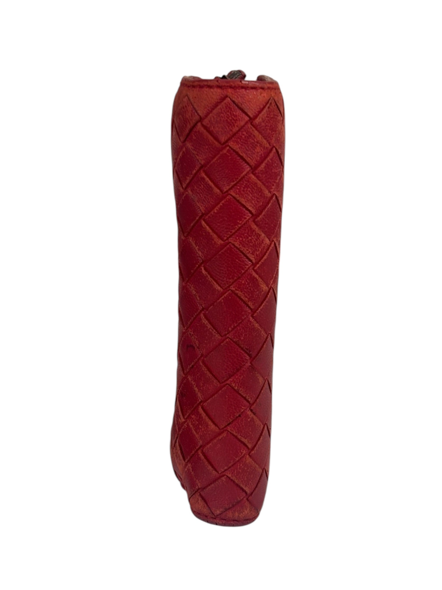 Bottega Veneta Red Leather Nappa Intercciato French Compact Wallet