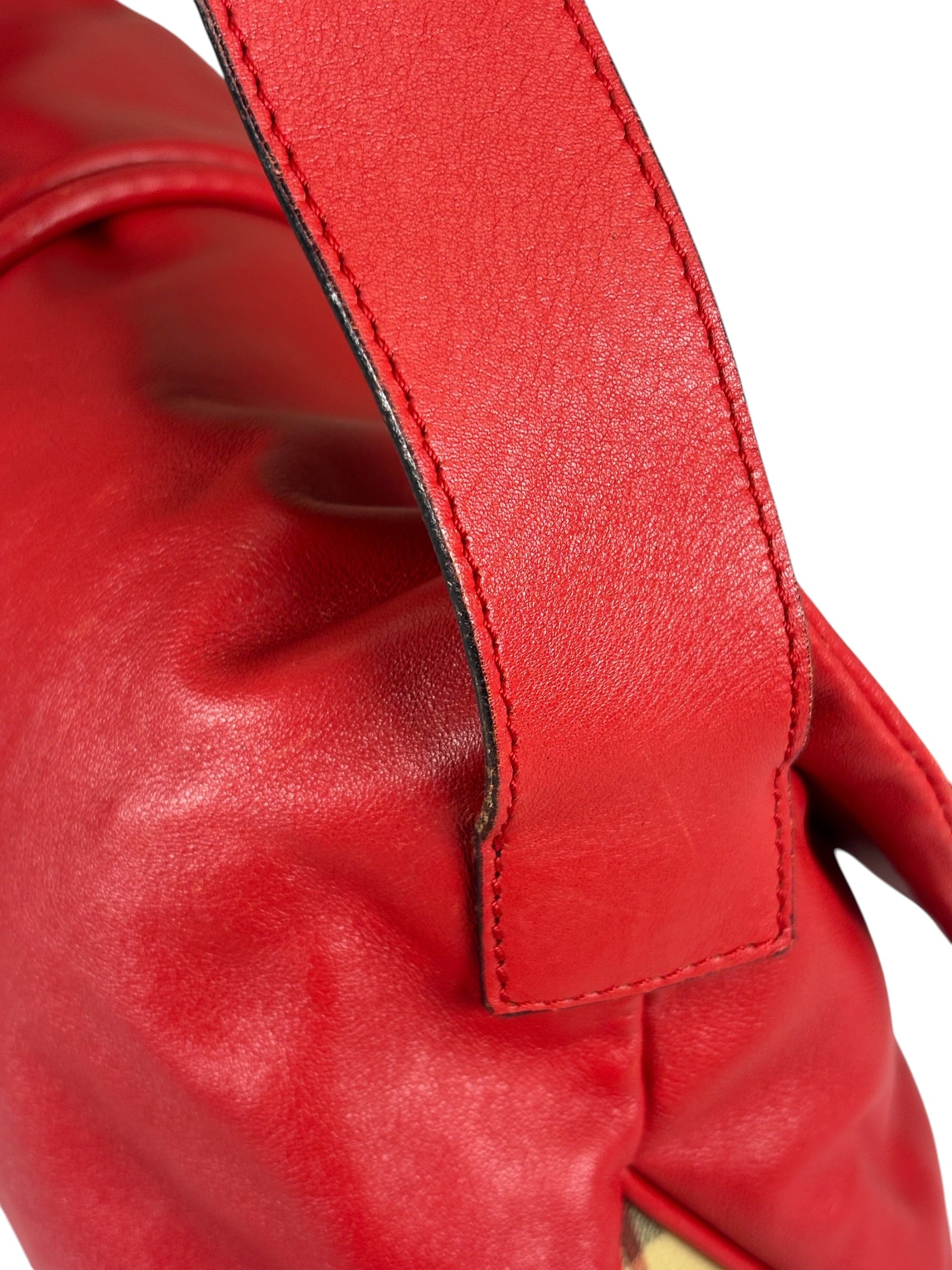 Burberry Red Leather Haymarket Check Shoulder Bag