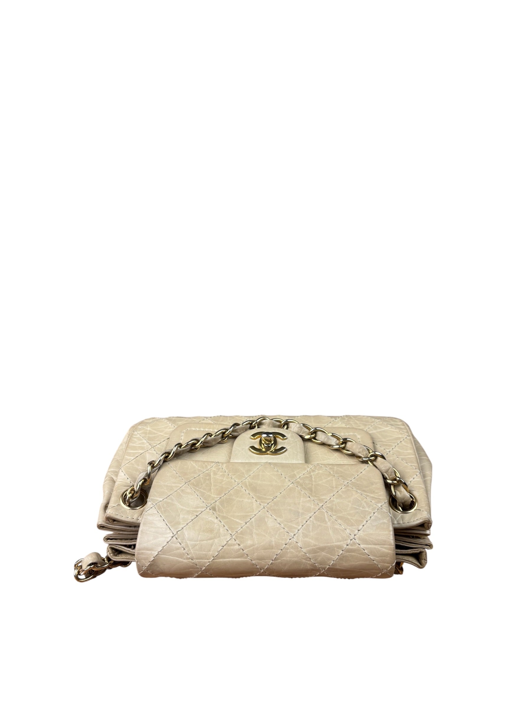 Chanel Beige Quilted Leather Accordion Double Flap Bag 2005