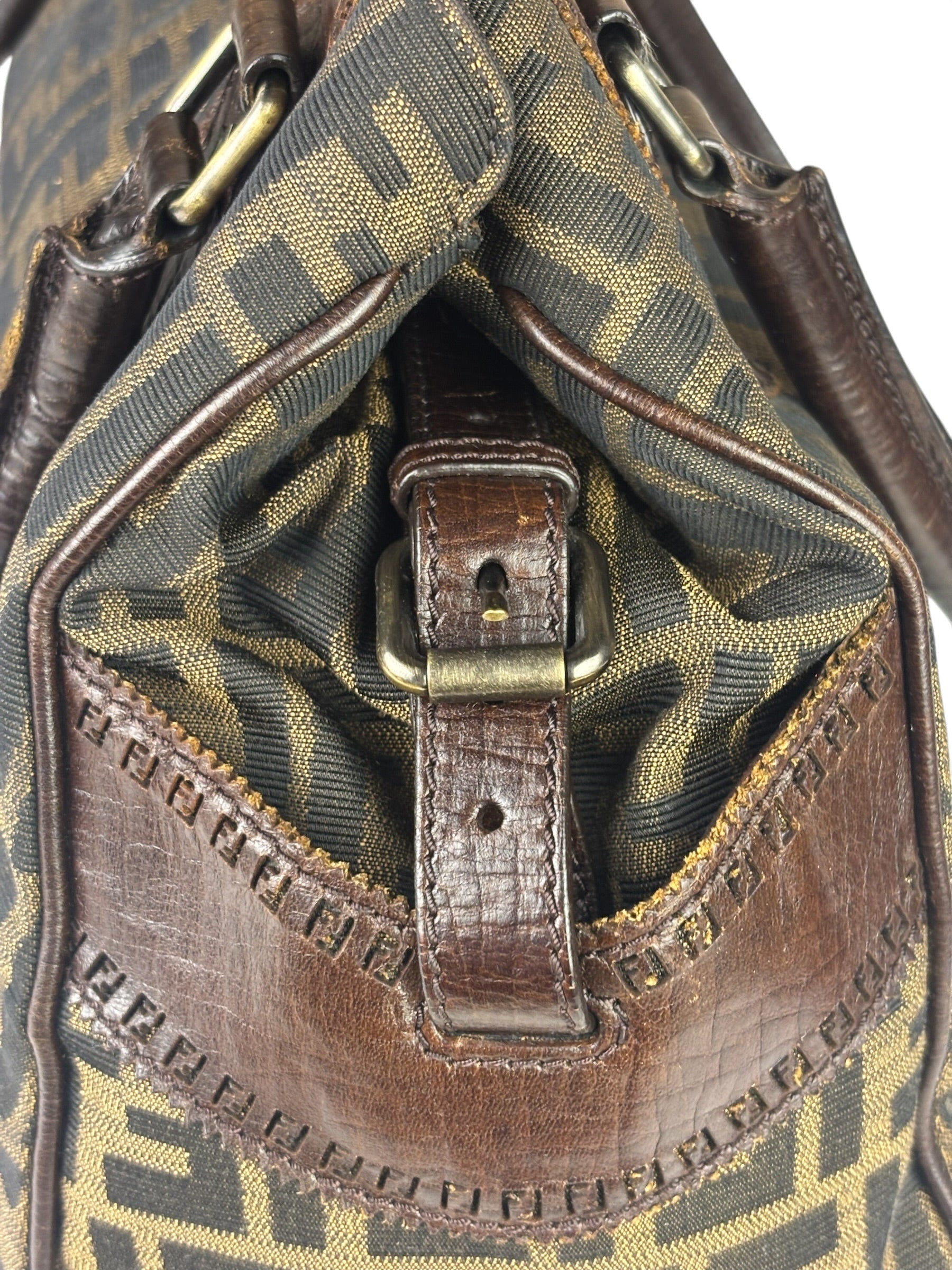 Fendi Vintage Brown Leather Trim Zucca De Jour Media Tote