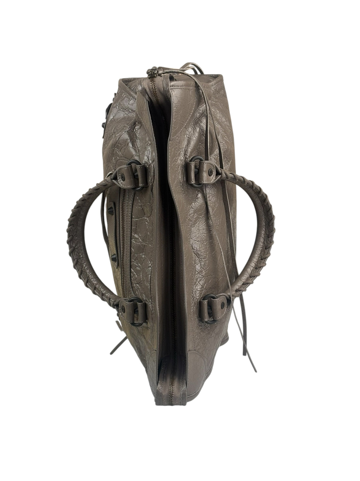 Balenciaga Stone Grey Patent Leather Moto Work Two-Way Bag