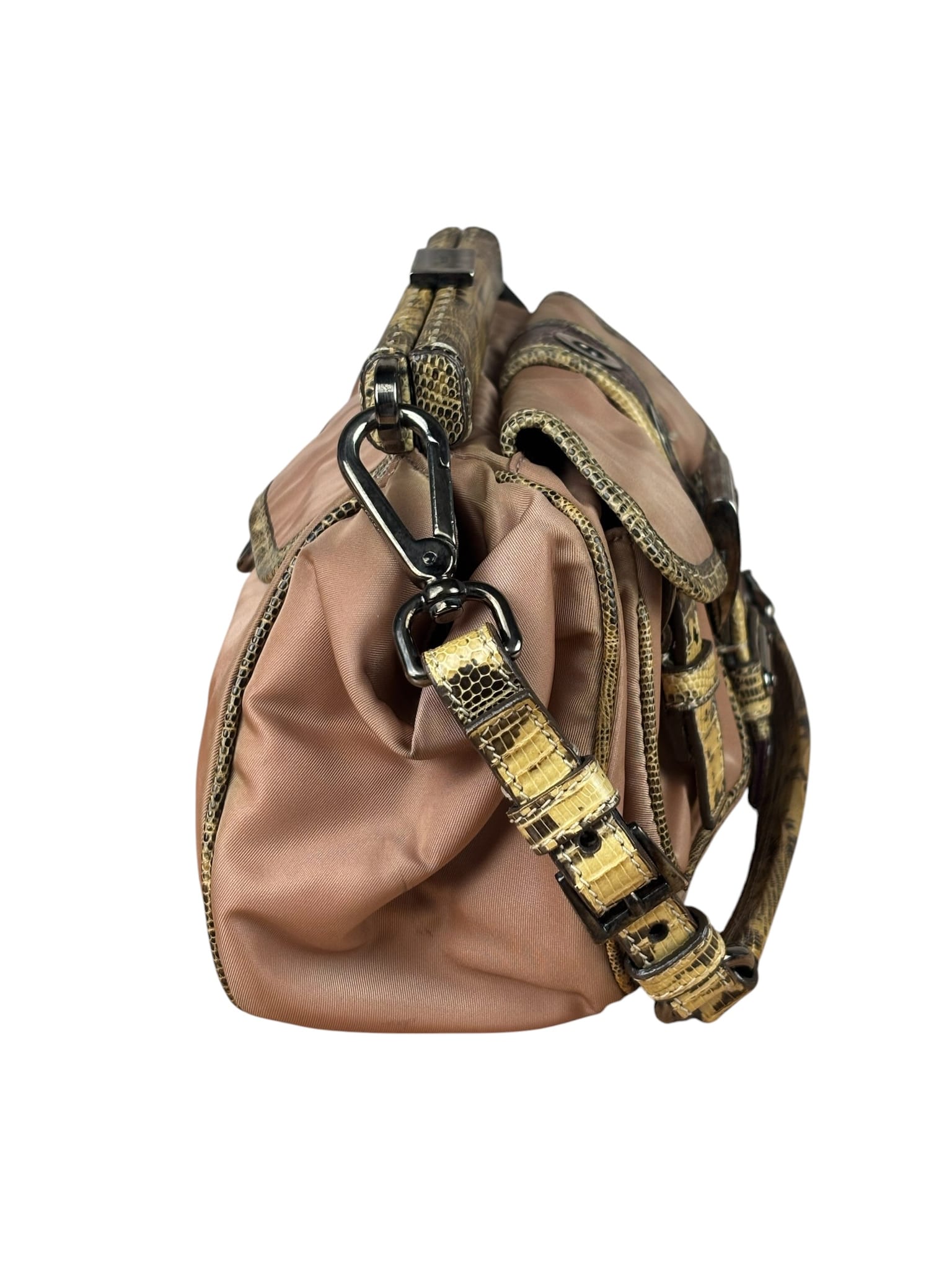 Prada Soft Dusty Rose Tessuto Nylon Snakeskin Trim Multi-Pocket Shoulder Bag