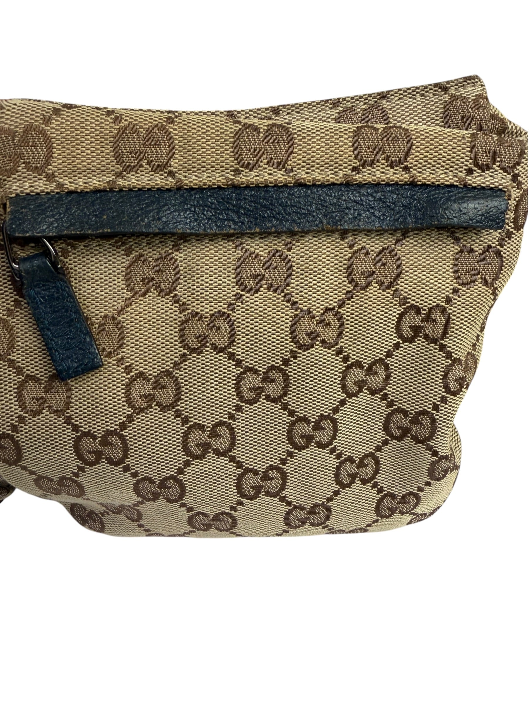 Gucci Beige/Navy Leather Trim GG Belt Bag