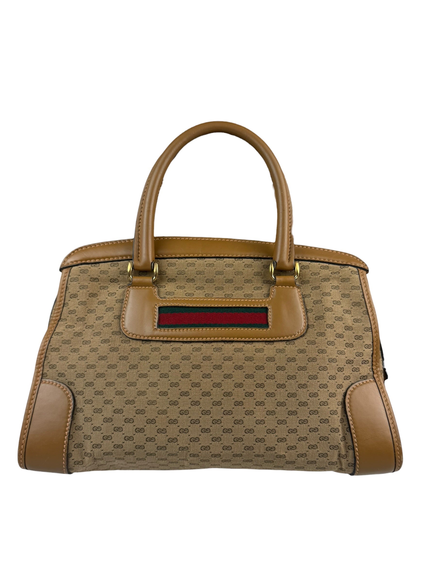 Gucci Brown Leather Trim Micro GG Sherry Line Boston Handbag