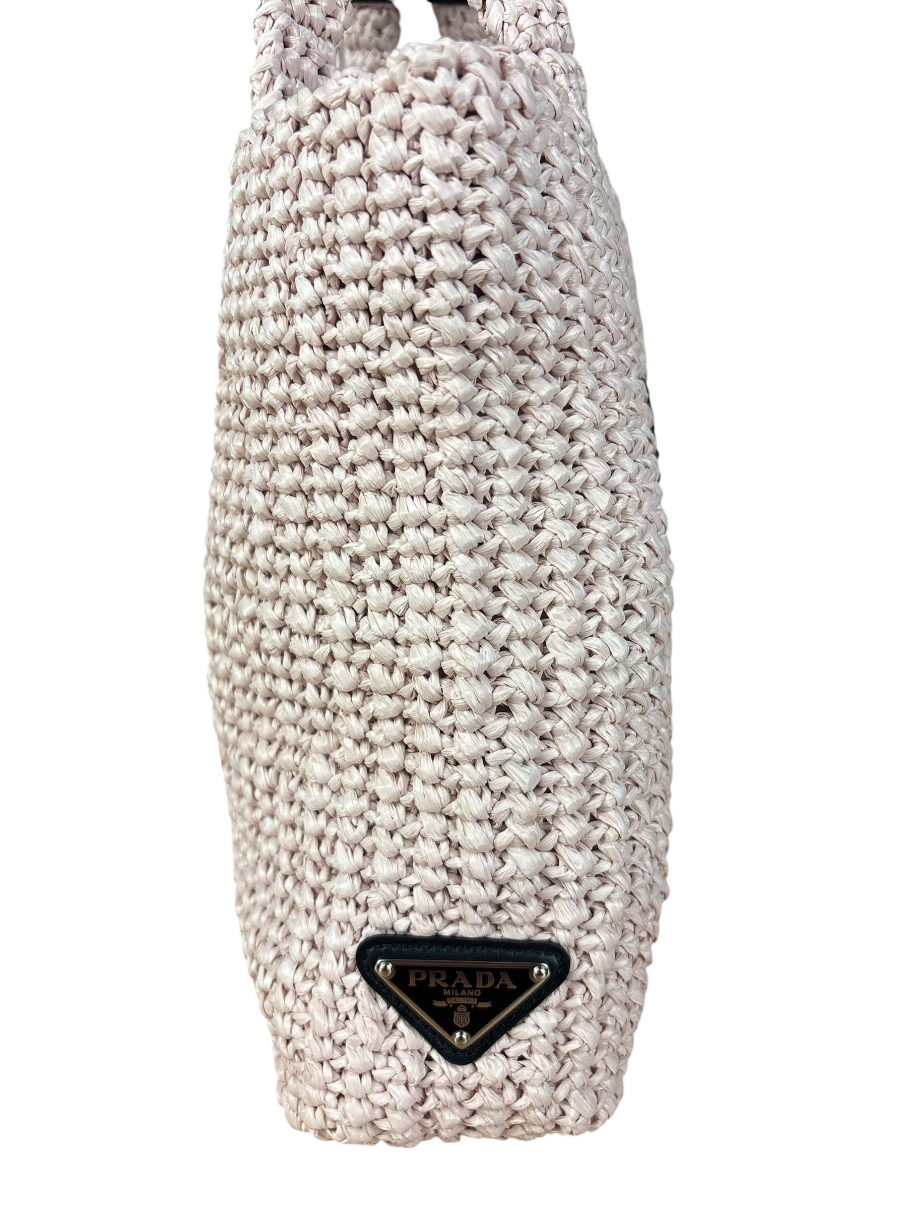 Prada Pink Raffia Woven Crochet Logo Tote Bag