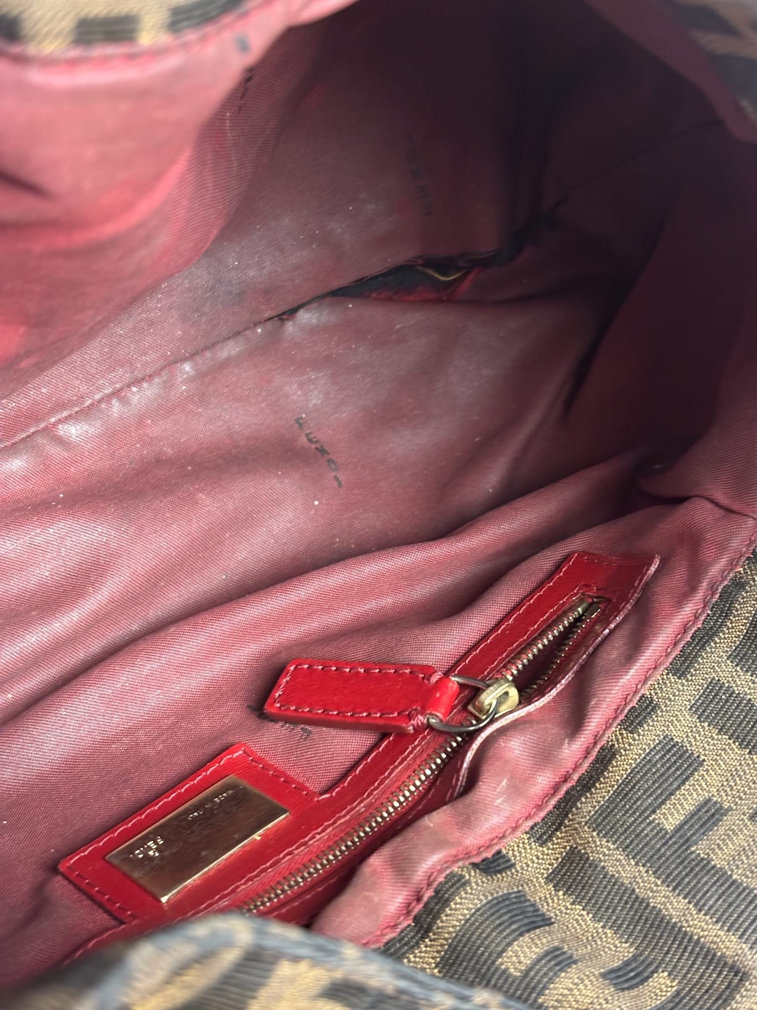 Fendi Beige/Red Leather Trim Zucca Chef Flap Bag