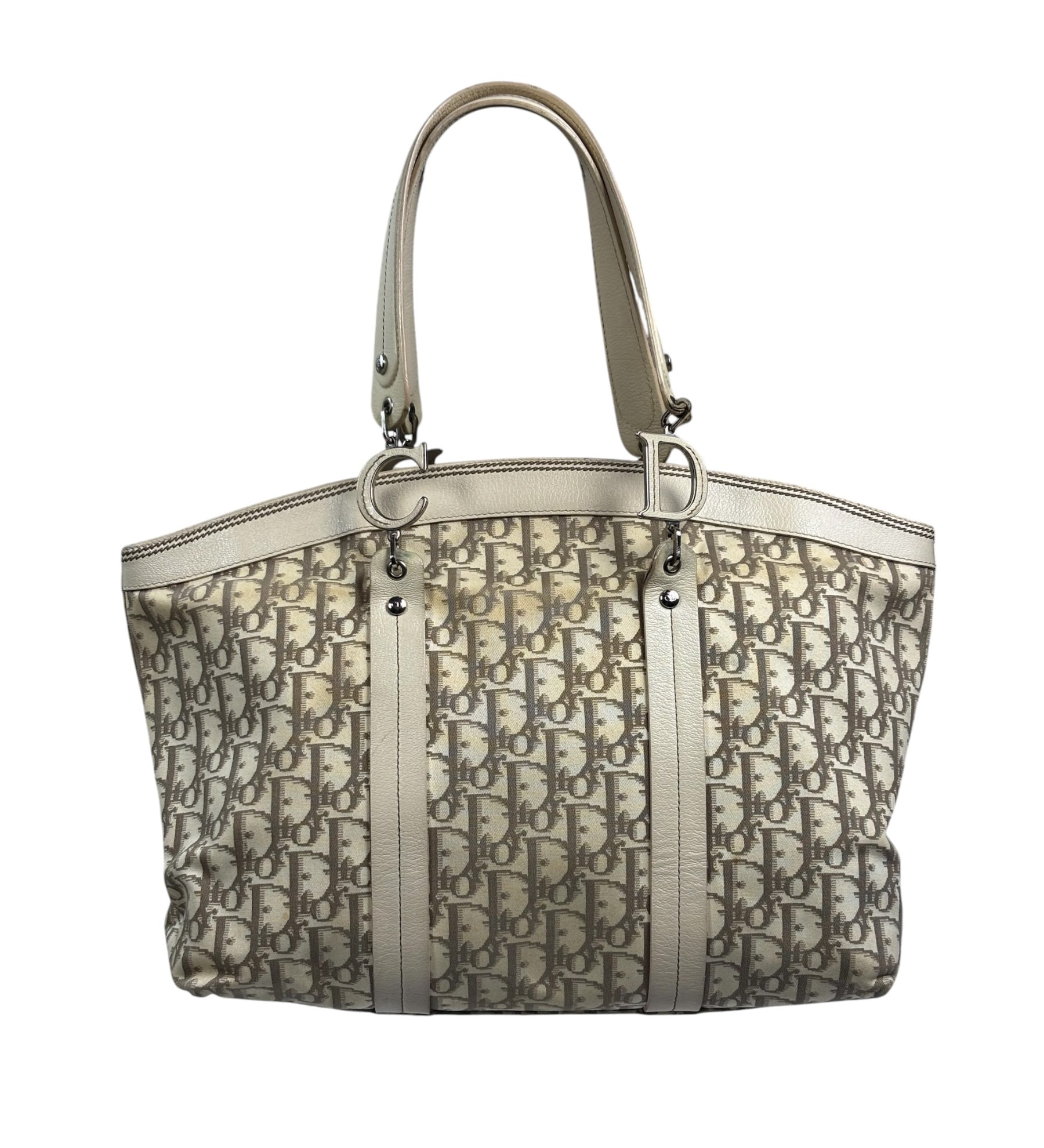 Christian Dior Vintage Beige Leather Trim Flower Embroidered Trotter Tote