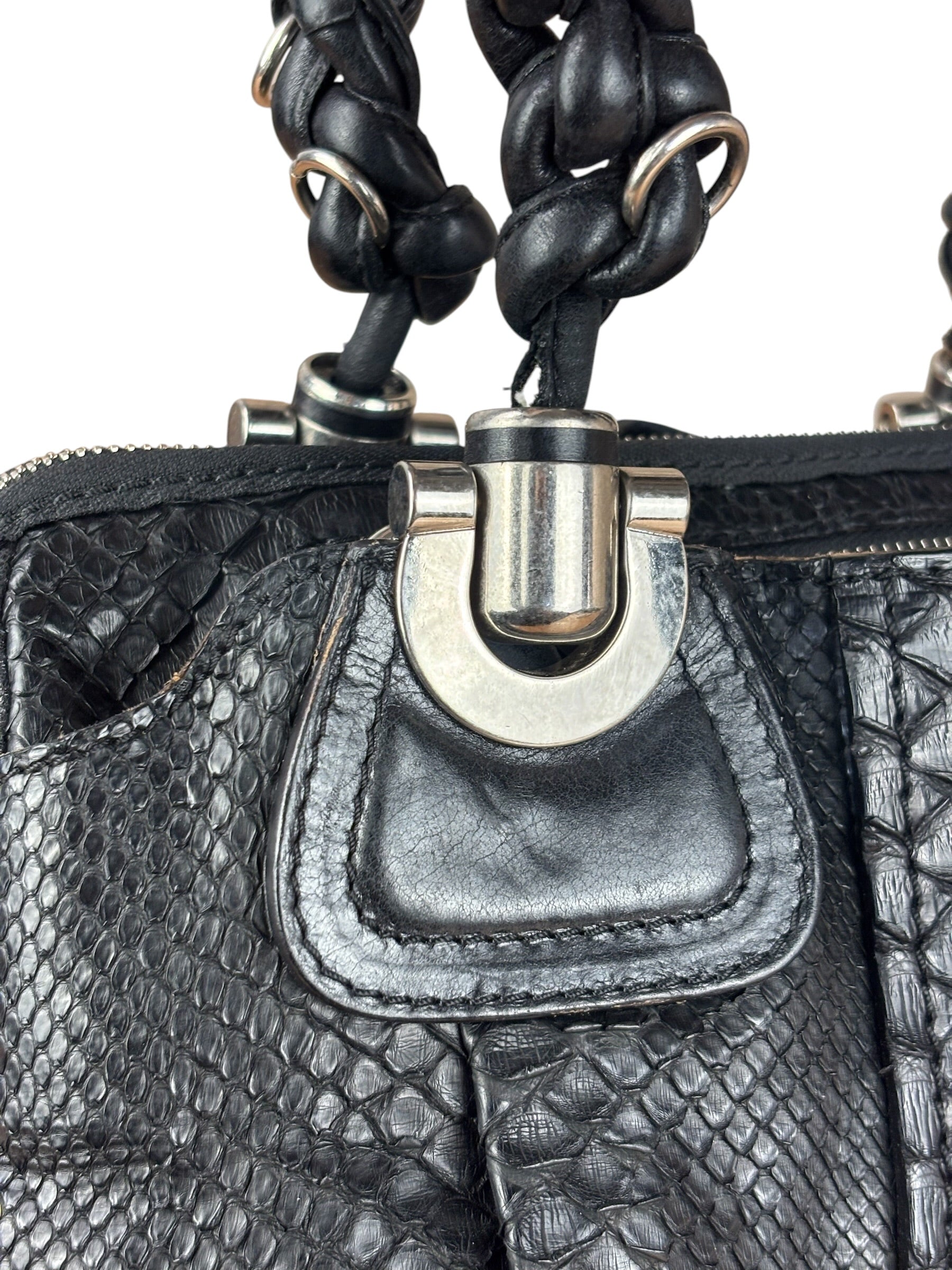 Chloé Vintage Black Leather Python Silverado Shoulder Bag
