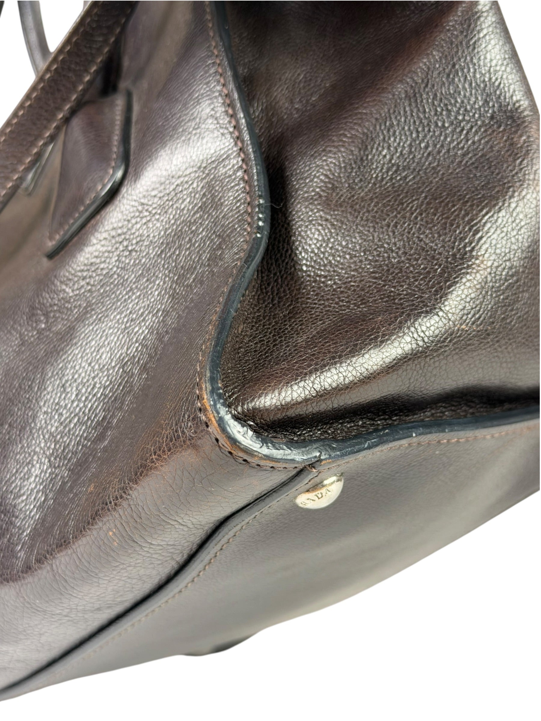 Prada Dark Brown Calf Leather Glace Twin-Pocket Tote